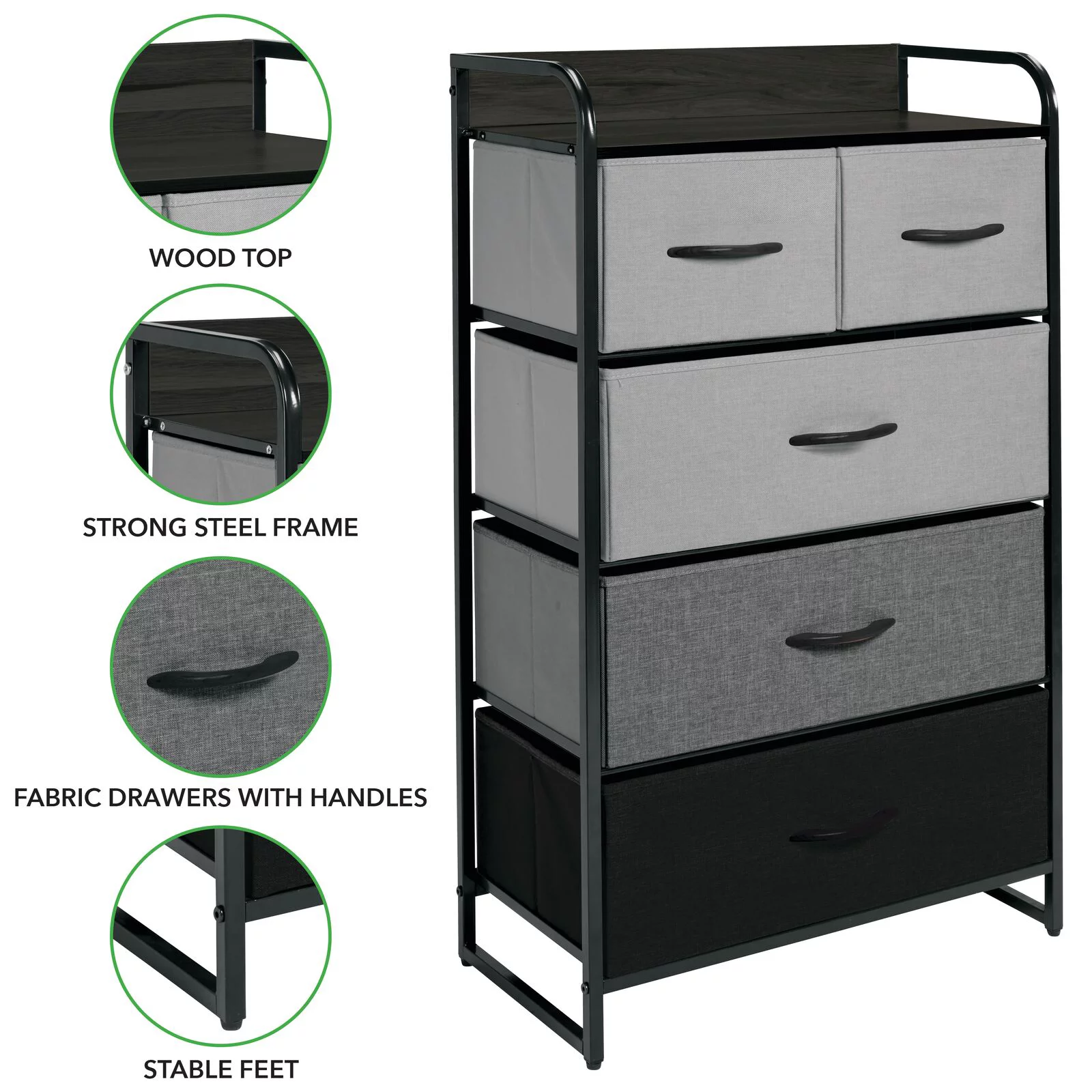 mDesign Tall Dresser Storage Chest, 5 Fabric Drawers - Gray/Multi-Color/Black