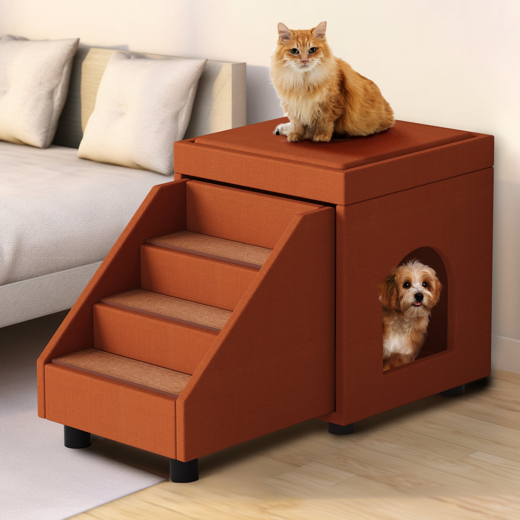 Dextrus 3 Steps Folding Pet Stairs,Cat Stairs,Dog Cat Ladder for High Beds,Pet Step for Small Dogs and Cats, Dog Ramp for Couch Sofa with Toy Storage - Brown
