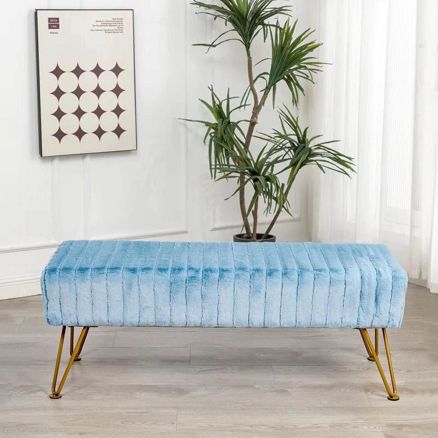 Super Mink Faux Fur Blue Ottoman Bench, 46