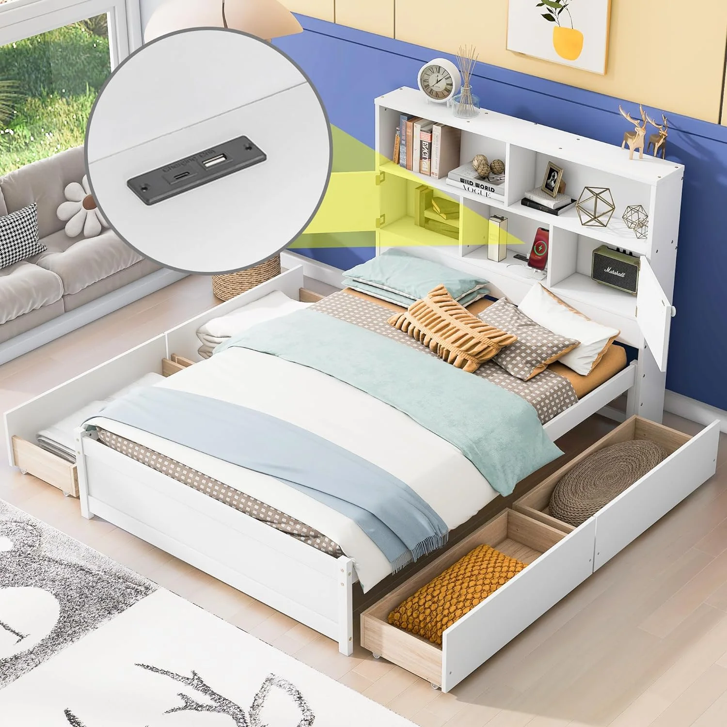 Full Bed Frame With Bookcase Headboard Ad 4 Drawers, Wood Full Size Platform Bed With Chargig Statio For Kids Tees Adults, o Box Sprig eeded, White