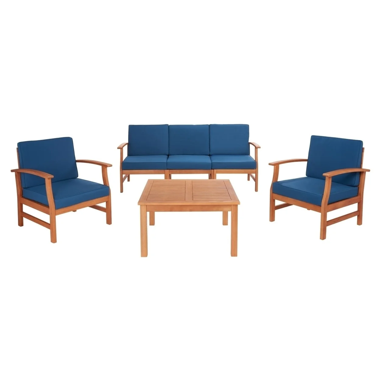 SAFAVIEH Parcer Outdoor Patio 4 Piece Conversation Set, Natural/Navy