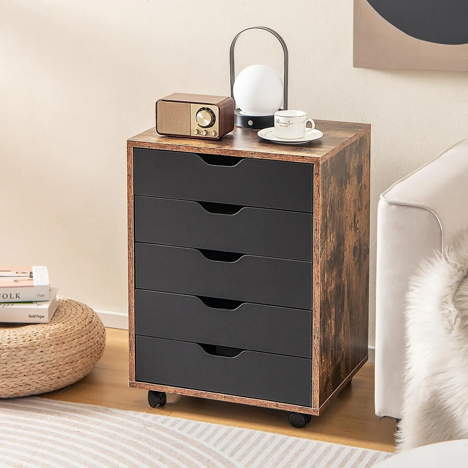 HBBOOMLIFE 5-Drawer  Cabinet  Versatile  Drawer of Chest with Lockable Wheels  Mobile Office  Organizer Under Desk  Modern Dresser for Home Office  Study Room  Rustic Brown and Black