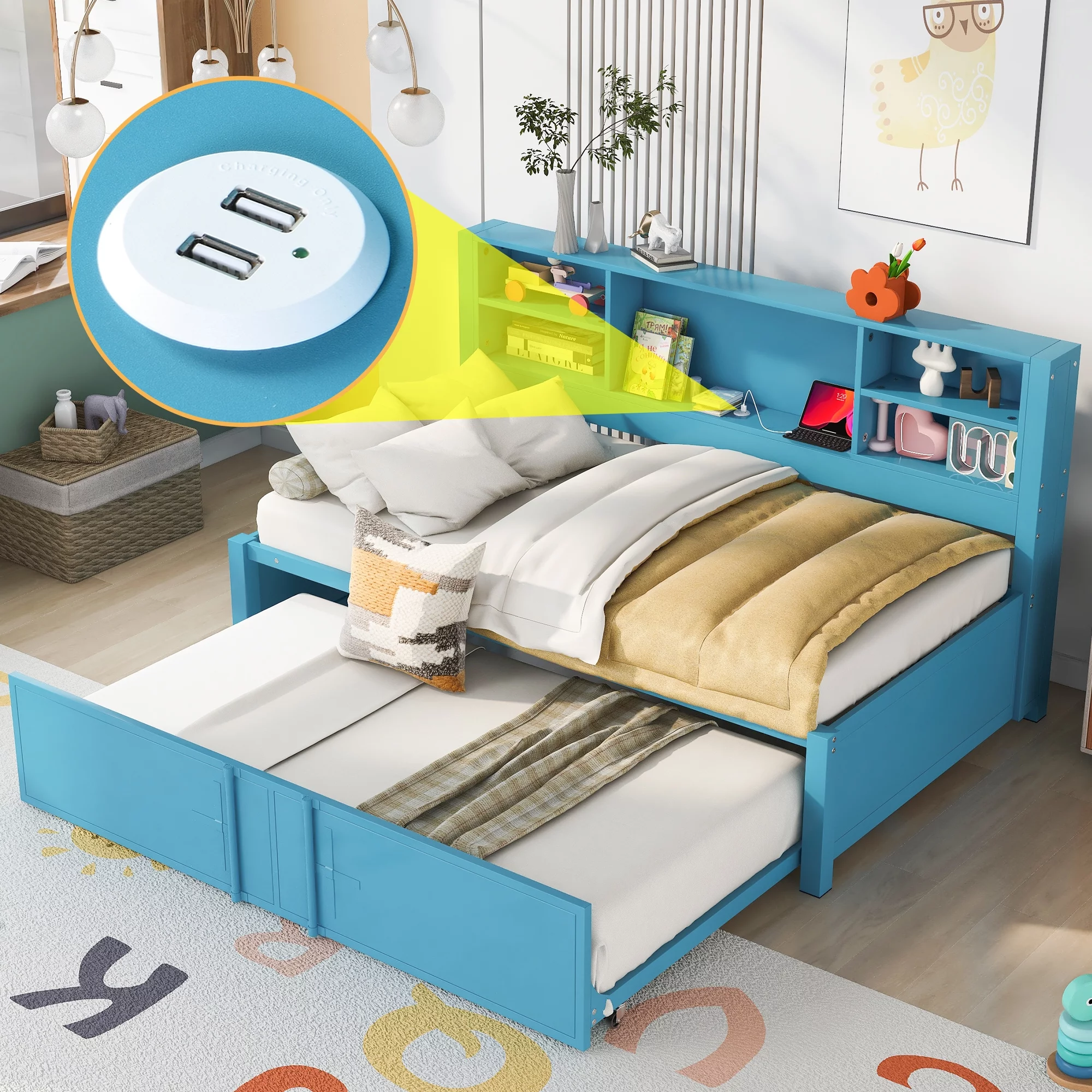 CoSoTower Twin Size Daybed with Twin Size Trundle, Storage Shelves and USB Ports, Blue