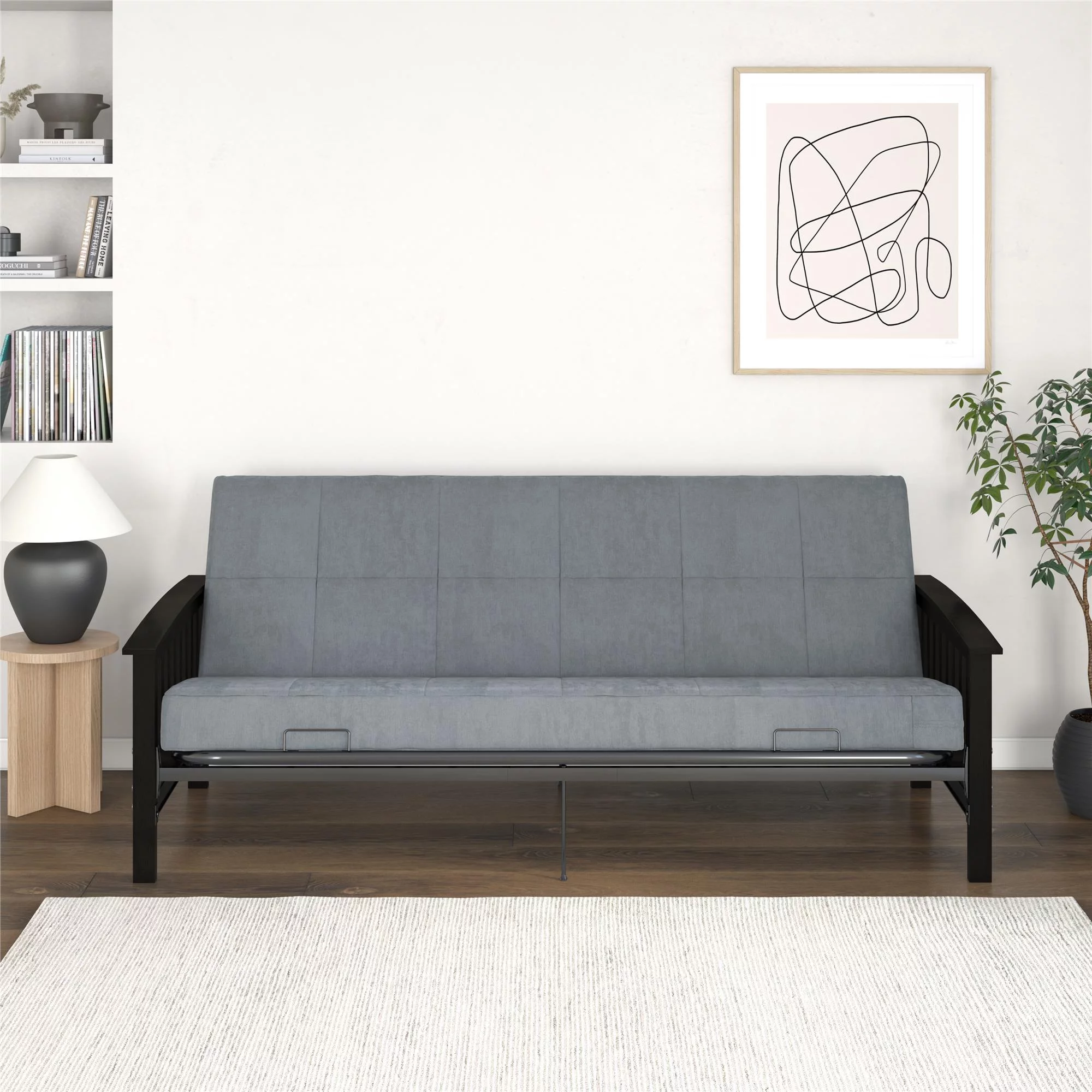 RealRooms Elbi Full Size Wood Arm and Black Metal Futon Frame, Espresso