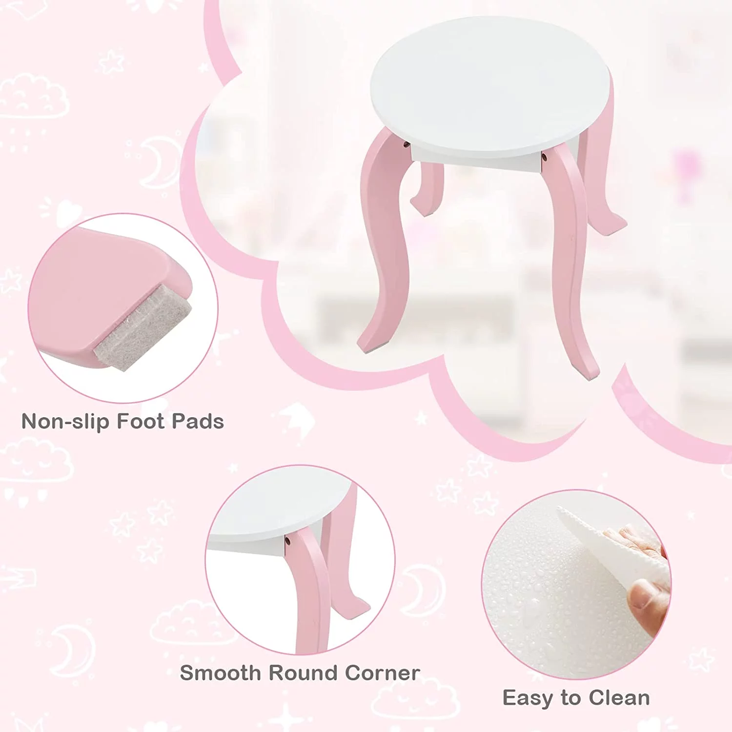 OLAKIDS Kids Vanity with 360° Rotating Mirror and Drawing Board, 2 in 1 Princess Makeup Dressing Table and Stool with Accessories, Drawers, Wooden Play Vanity Set for Little Girls