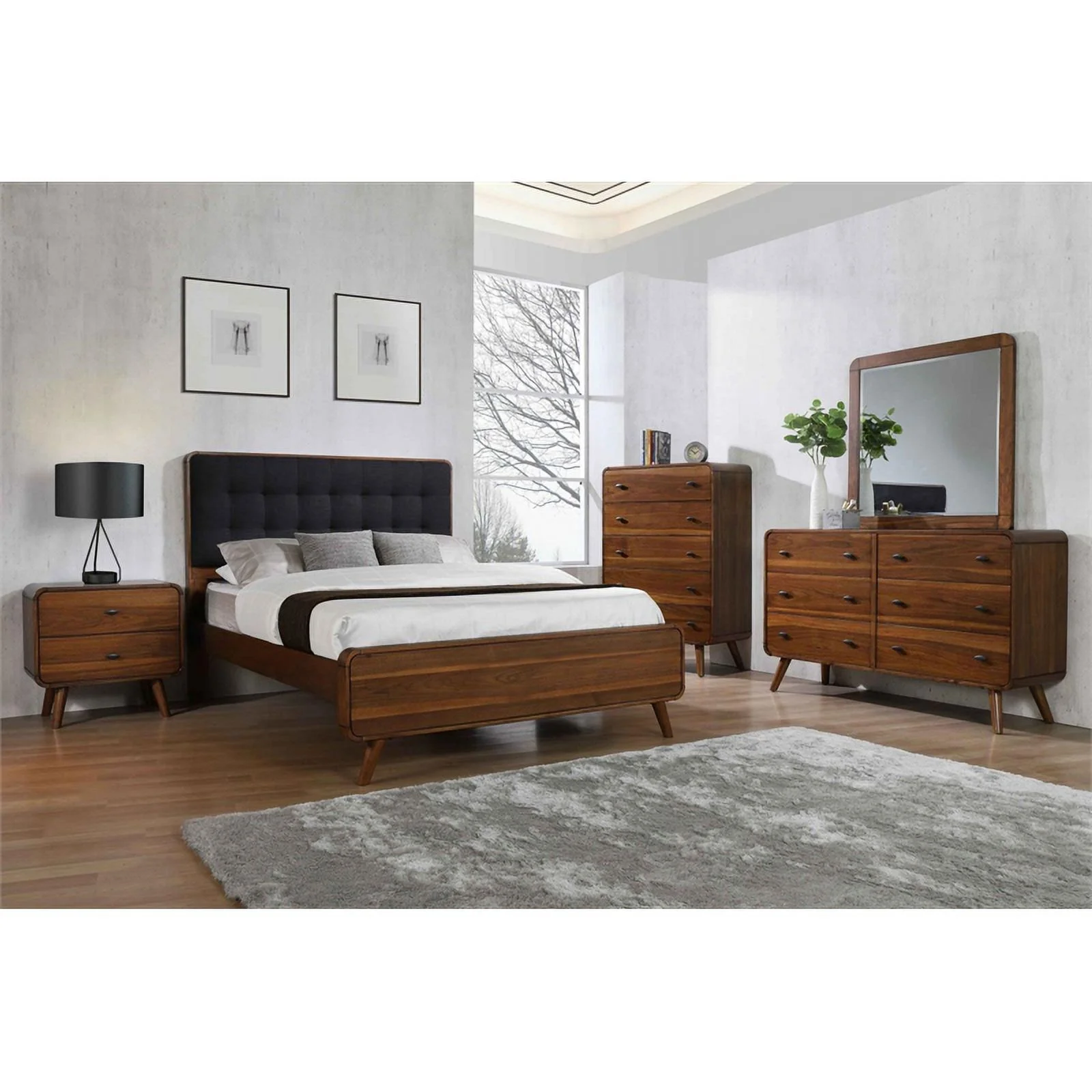 Pemberly Row Wood California King Bed with Upholstered Headboard Dark Walnut