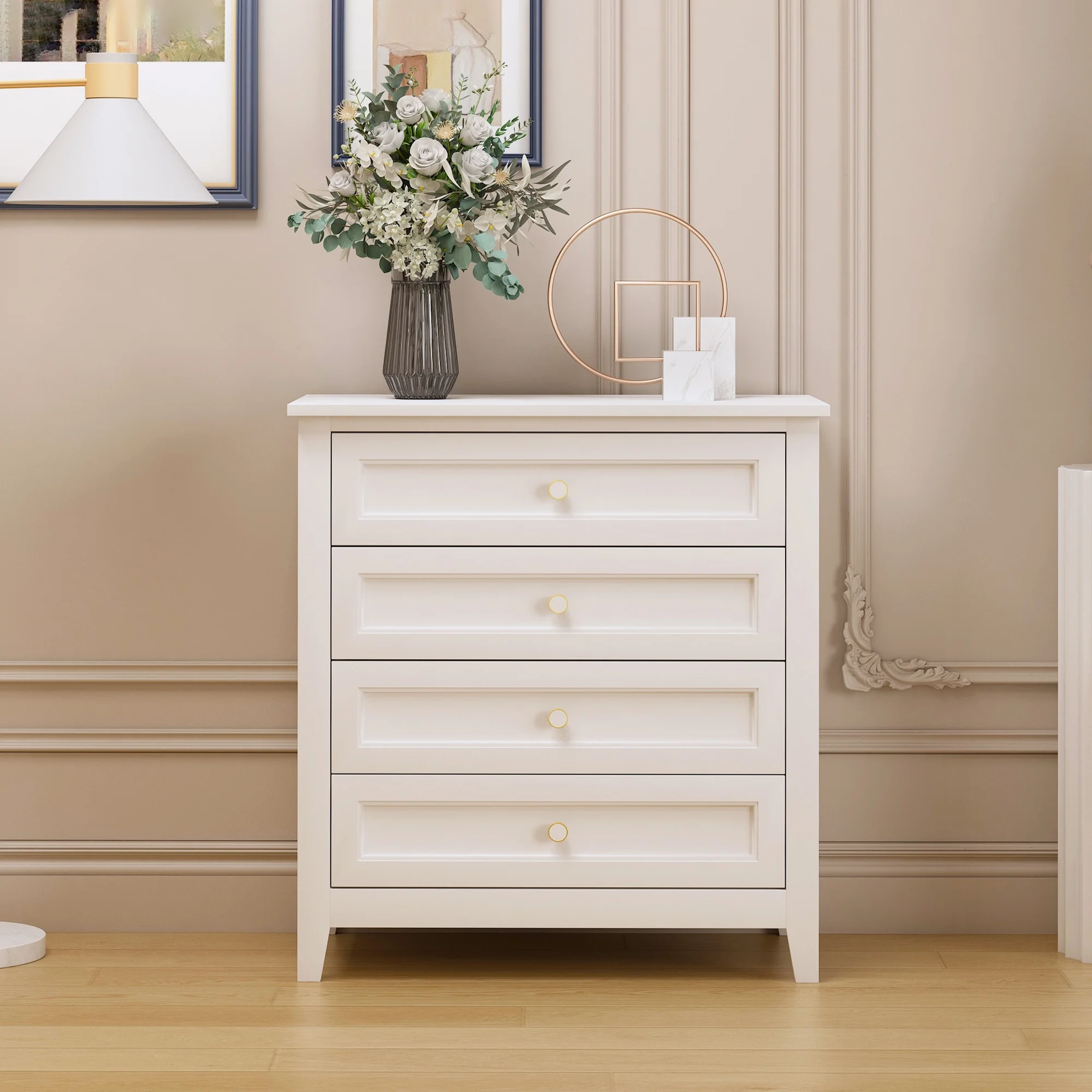 Retro Solid Wood Spray-Painted Dresser Bar, Buffet Cabinet - White, Dining/Living Room, Kitchen - Pack of 1
