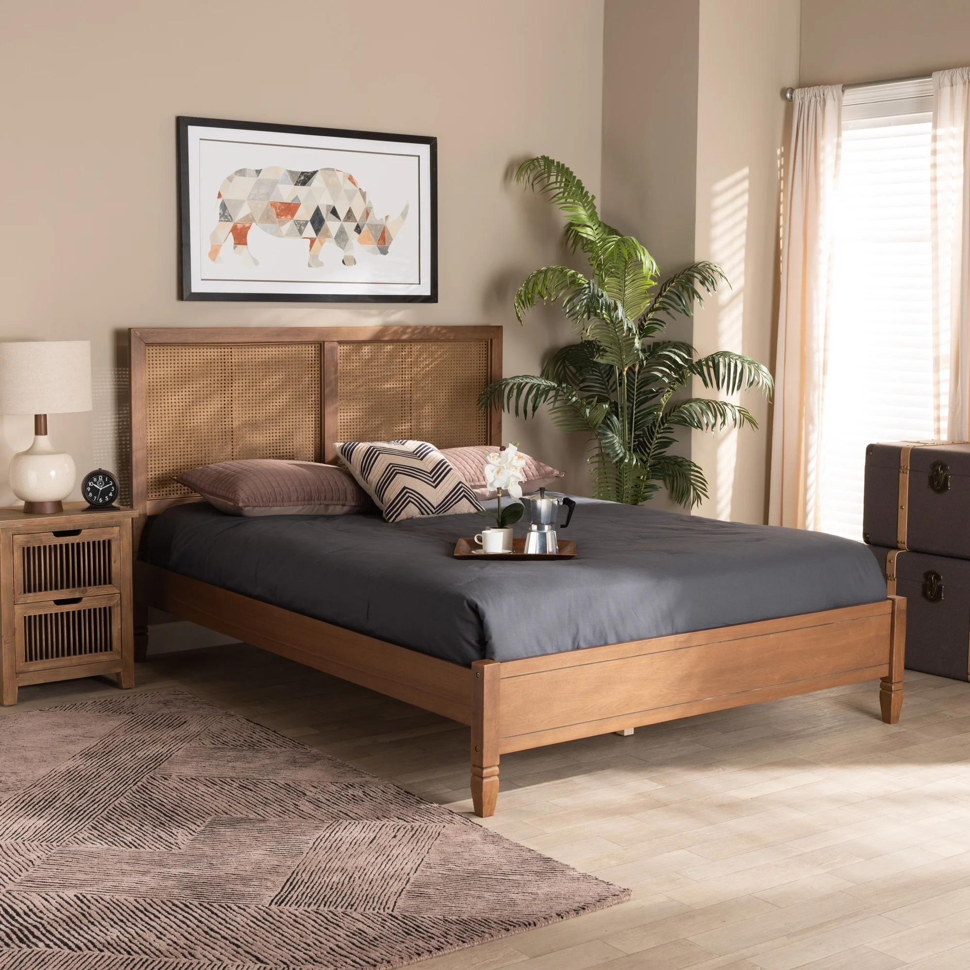 Baxton Studio Redmond Walnut Wood and Synthetic Rattan Platform Bed Full