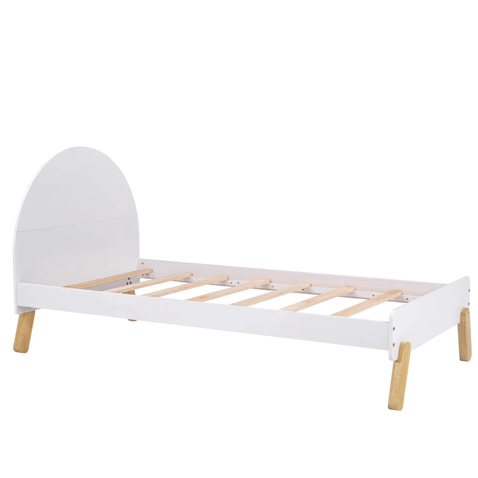 Twin Size Platform Wood Bed Frame with Curved Shaped Headboard, Heavy Duty Wooden Mattress Foundation with Slat Support, Shelf Storage, No Box Spring Needed, Easy Assembly, White