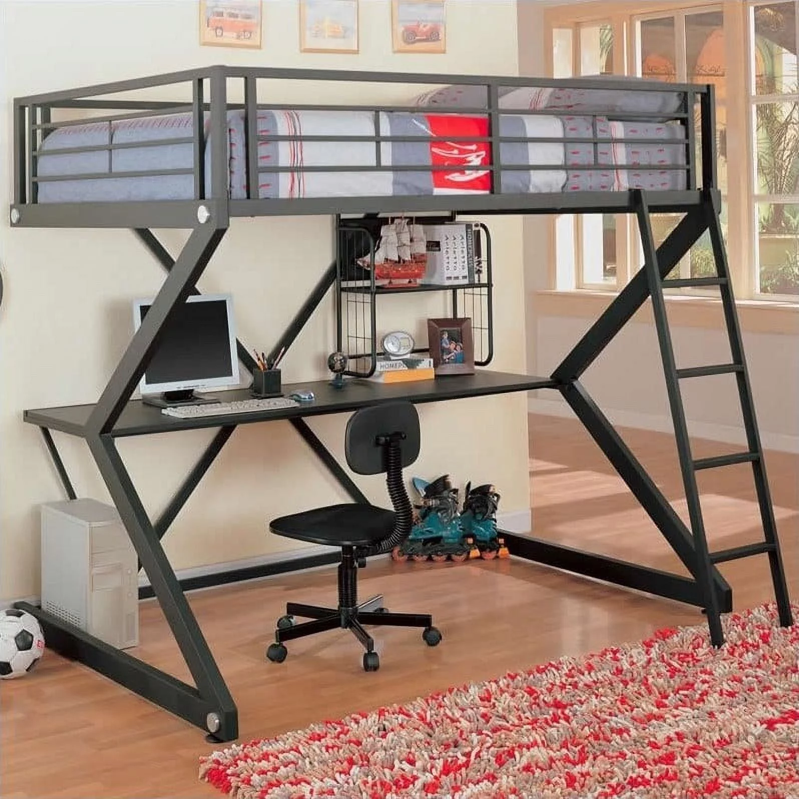 Stonecroft Furniture Palm Modern Metal Workstation Full Loft Bed in Black