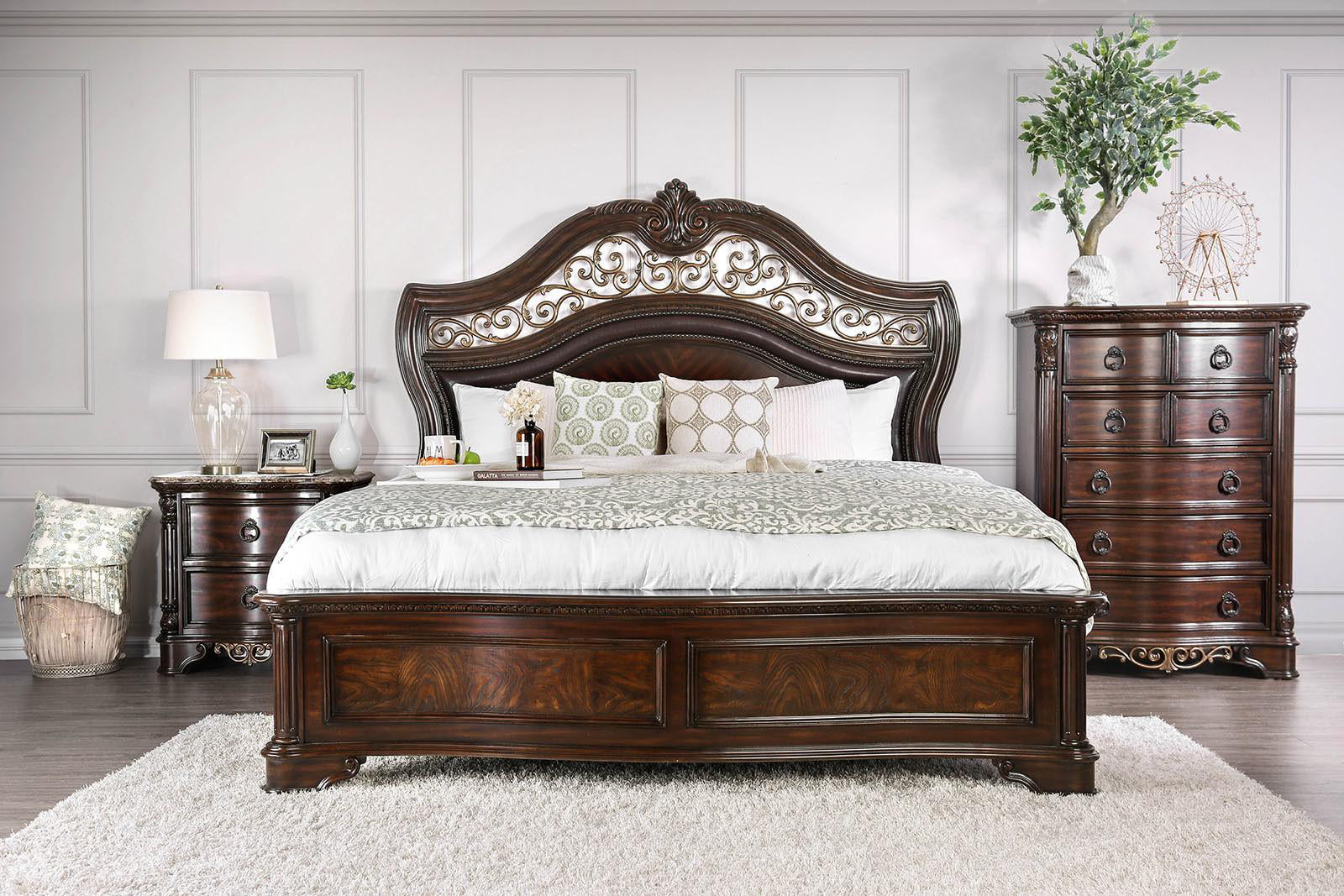 Transitional Brown Cherry Solid Wood Queen Bedroom Set 6pcs FOA CM7311 Menodora