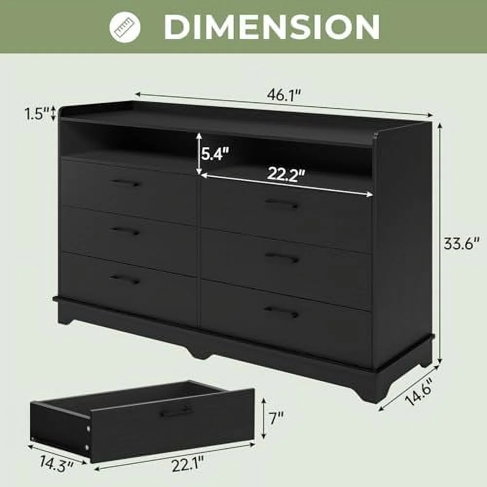 6 Drawers Dresser for Bedroom Chests of Drawers Black Double Dresser with Drawers and Cubby 14.6" D x 46.1" W x 33.6" H
