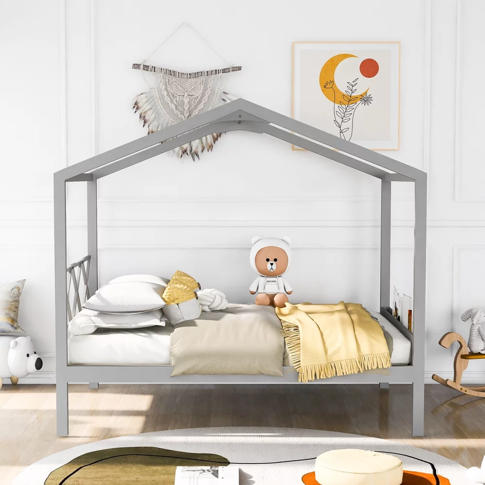 CHURANTY Full Size Wood House Bed, Daybed with Roof and Storage Space for Kids/Boys /Girls, No Box Spring Needed, Gray