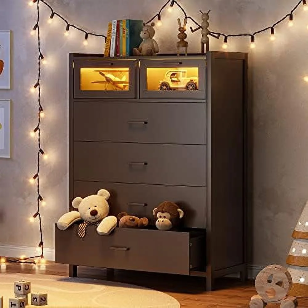 RUNFAYBIU Dresser for Bedroom Chest of Drawers with LED Lights 7 Dresser Wide Organizer Unit Wood Frame and Wooden Drawers Entryway Closet 7 Drawer-Black