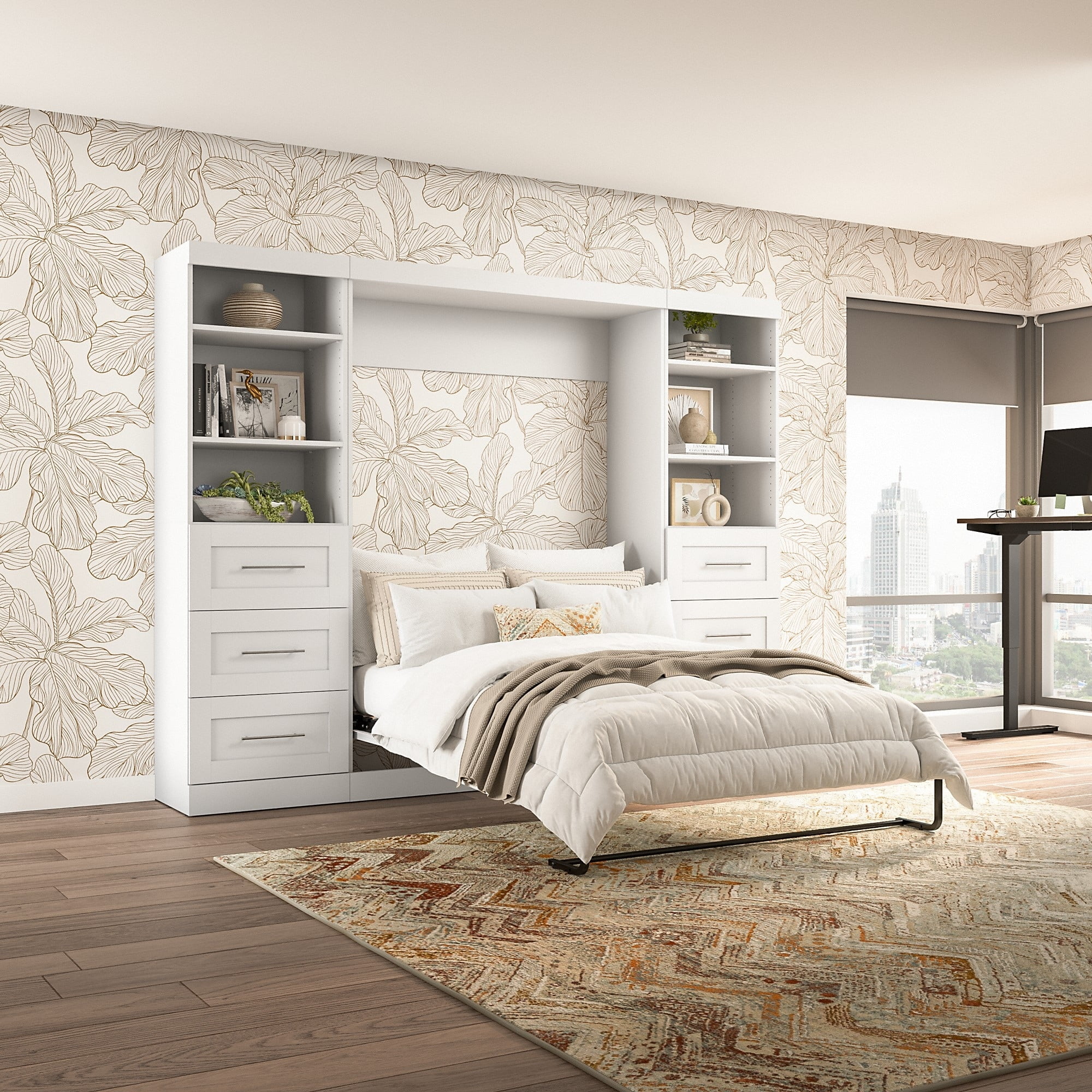 Bestar Pur Full Murphy Bed and 2 Shelving Units w/Drawers (109W) in Rustic Brown
