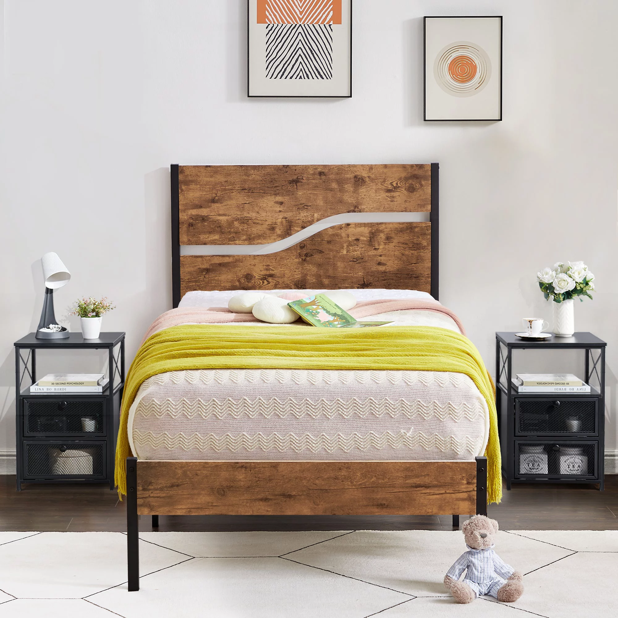 VECELO 3-Piece Bedroom Set Metal Platform Bed with Wooden Headboard and 2 Black Nightstand, Twin Size