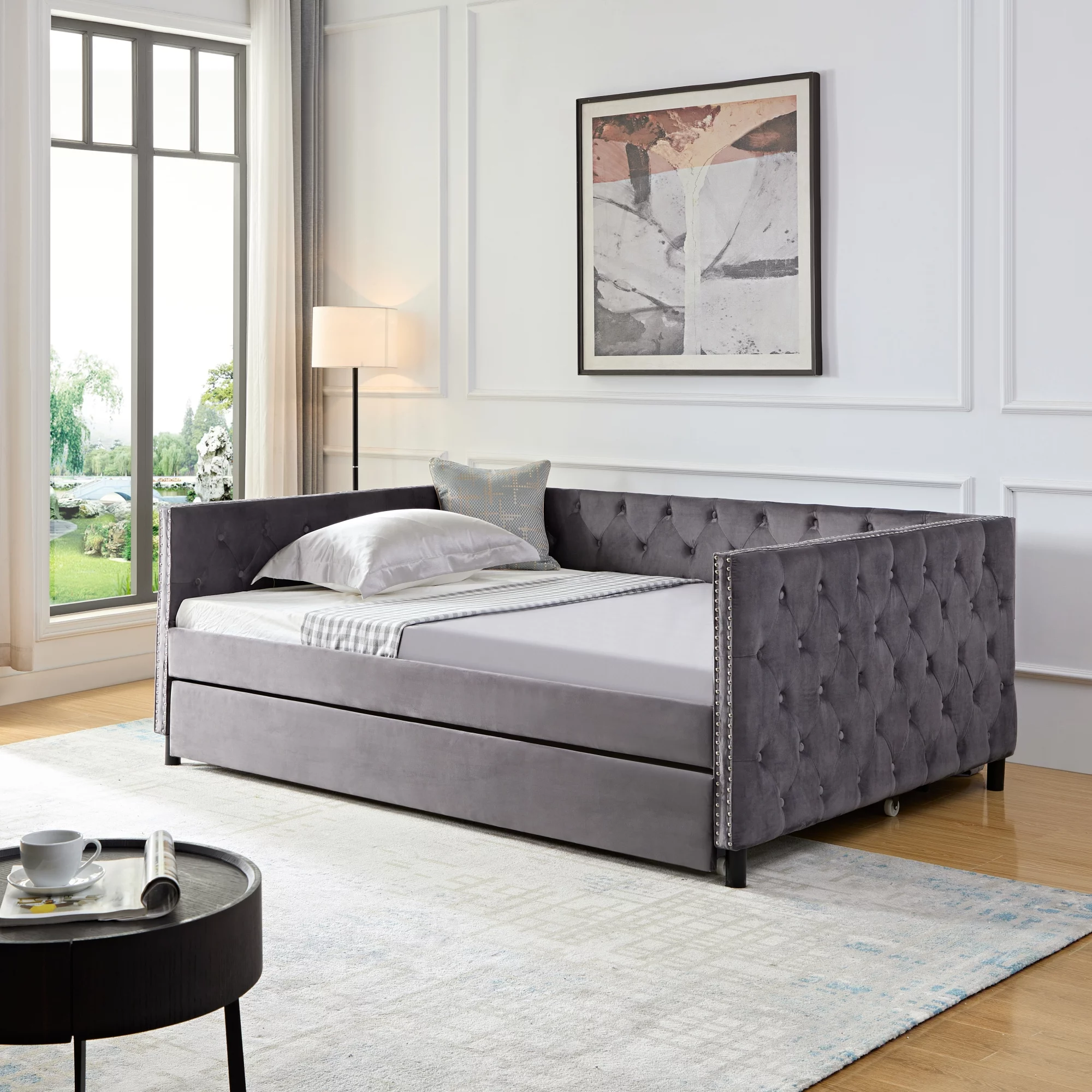 Daybed with Trundle, Upgraded Velvet Upholstered Twin Size Day Bed Button-Tufted Sofa Daybed Frame with A Trundle, No Box Spring Needed, Furniture for Bedroom Living Room Guest Room (8197-Grey, Full)