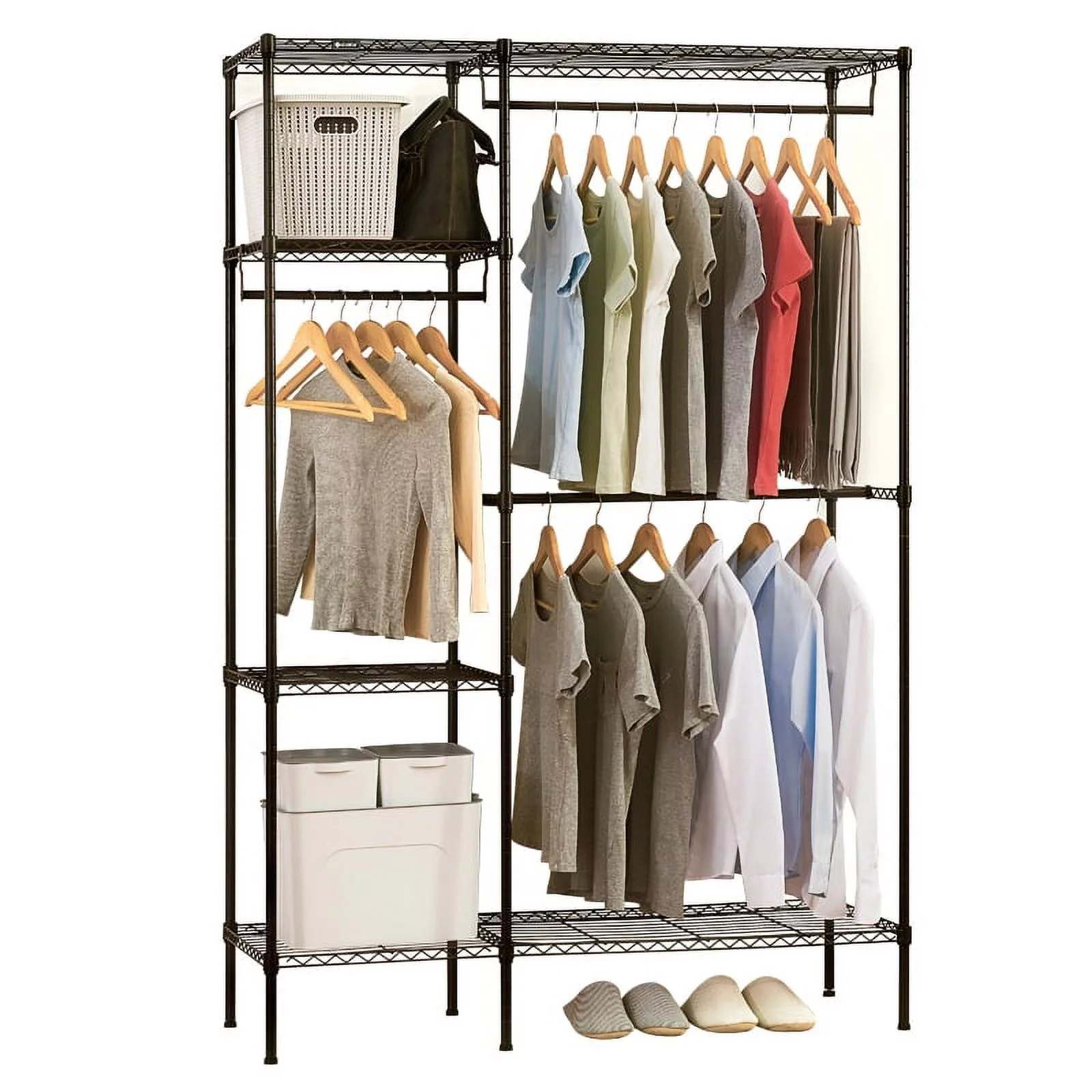 Ktaxon Portable Clothes Rack Heavy Duty Closet Garment Rack Freestanding Wardrobe Clothing Storage Rack Closet Organizer with 4 Shelves & 3 Hanging Rails Black