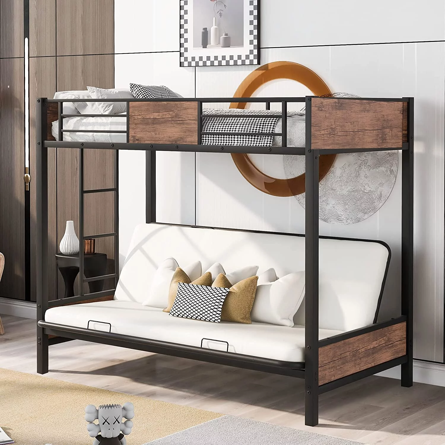 Twin-Over-Futon Couch And Bed, Metal Futon Bunk Bed With Guardrails And Ladder (Black)