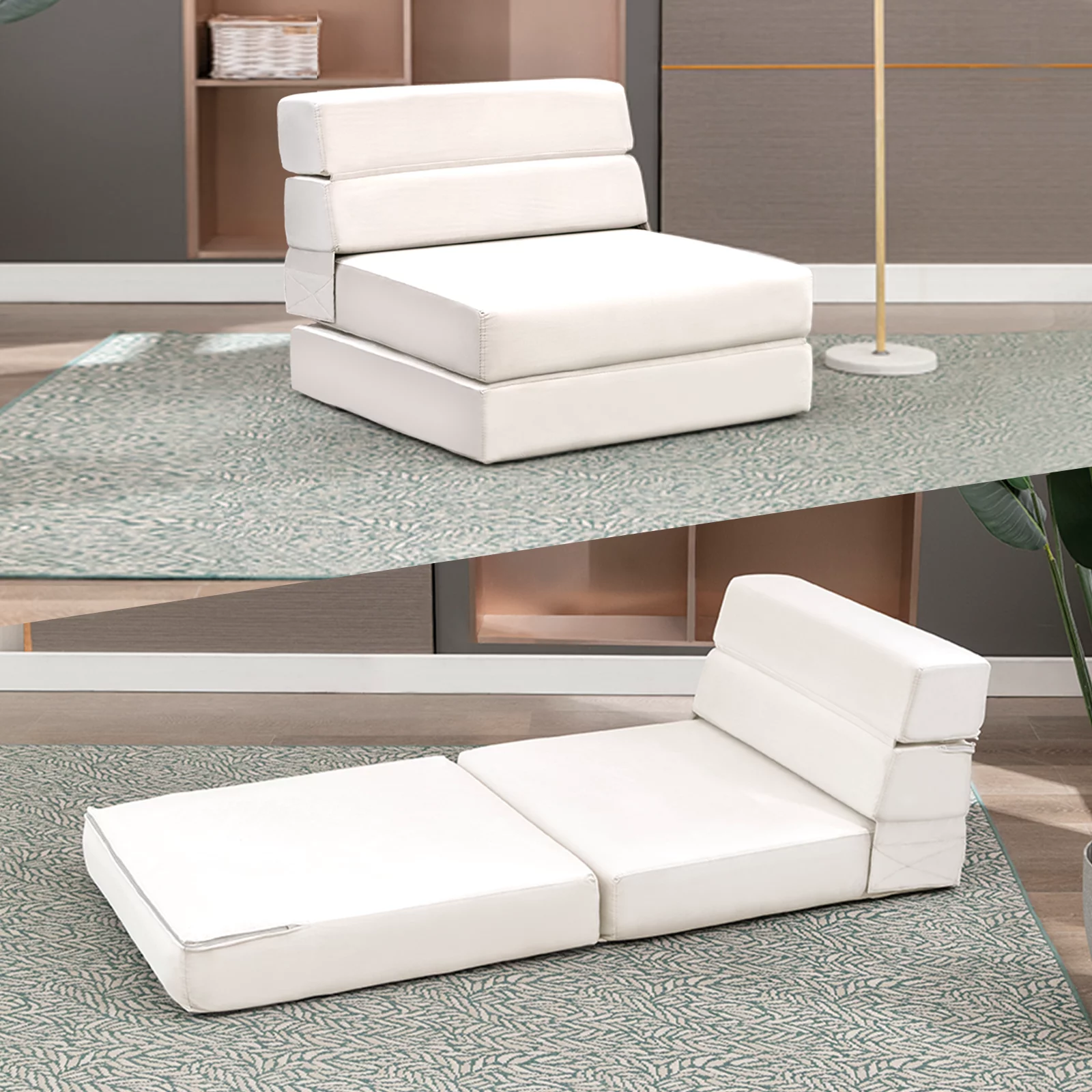 MUZZ Modern Convertible Single Sofa Bed, Folding Futon Flipped Lounger Sleeper with High Density Foam and Short Plush Fabric for Living Room/Small Space(Beige)