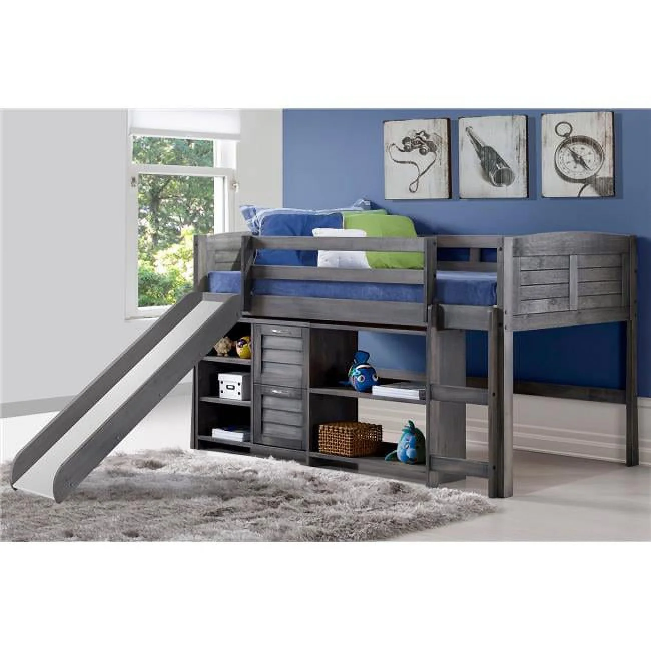 Donco Kids Twin-size Antique Grey Louver Storage Bookcase Loft Bed with Slide. Loft Bed with 2Drawer Chest and Bookcase