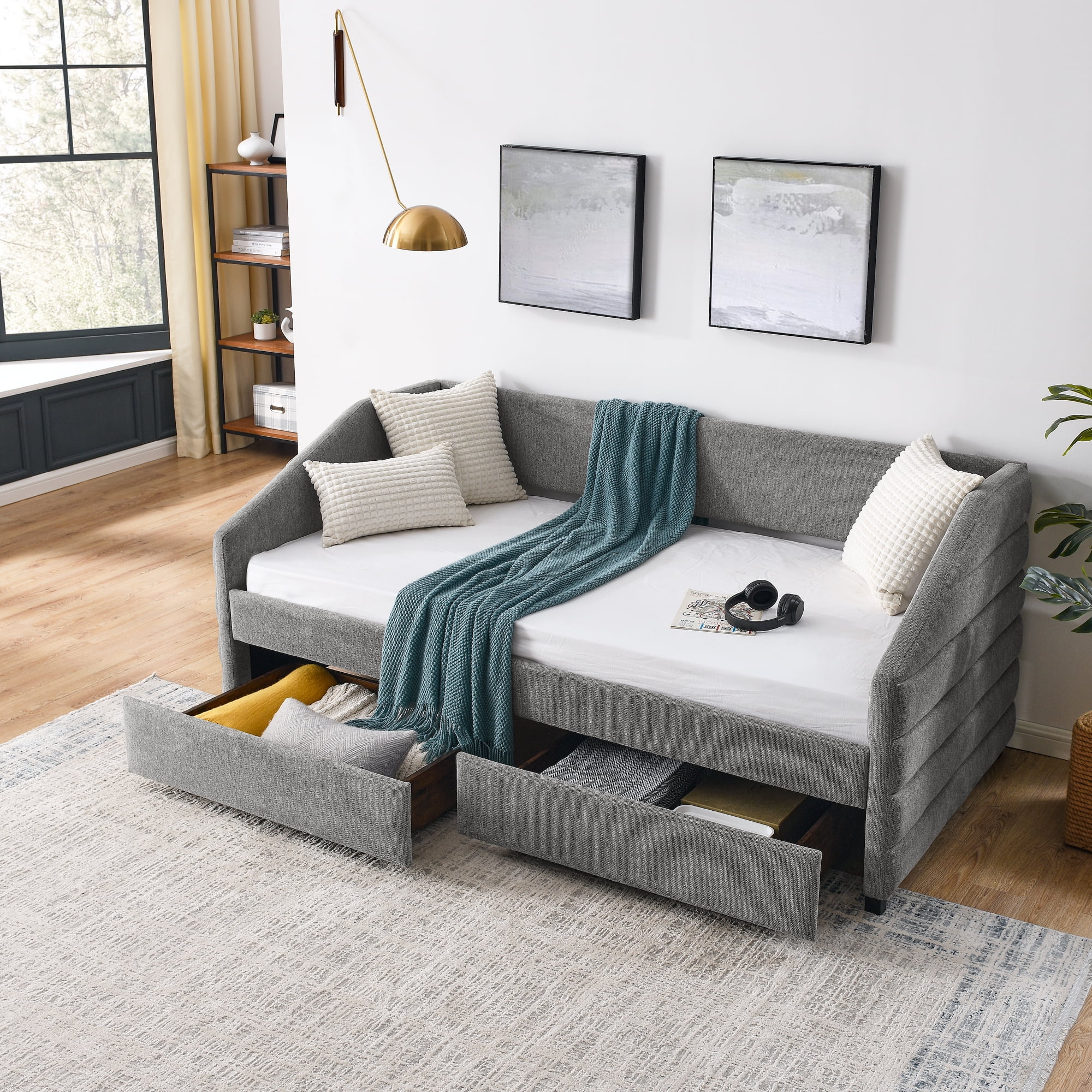Twin Size Daybed with Two Drawers Trundle Upholstered Tufted Sofa Bed, Linen Fabric, Grey (82.5