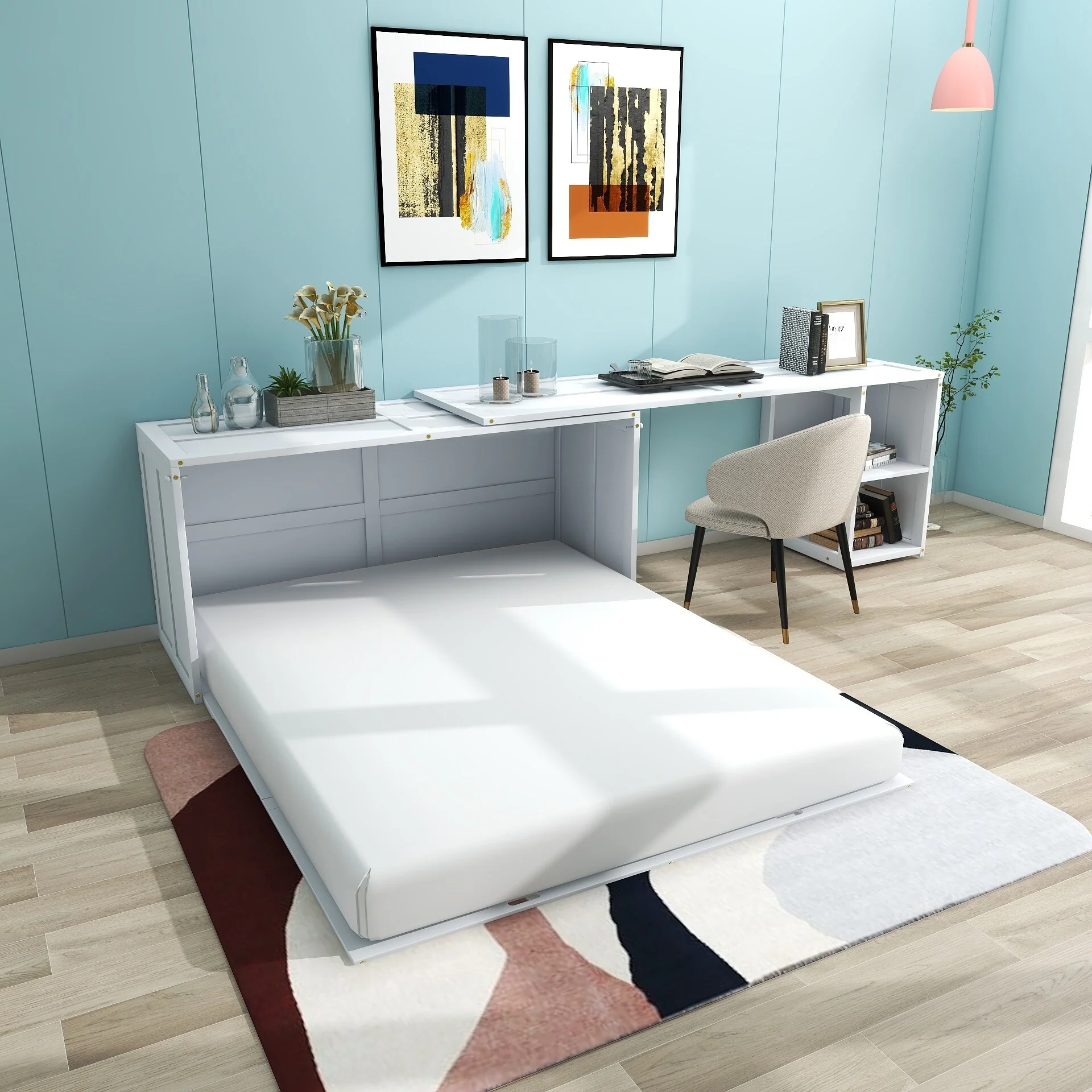 Queen-Size Murphy Bed Chest with Rotable Desk and Shelves Convertible Design White