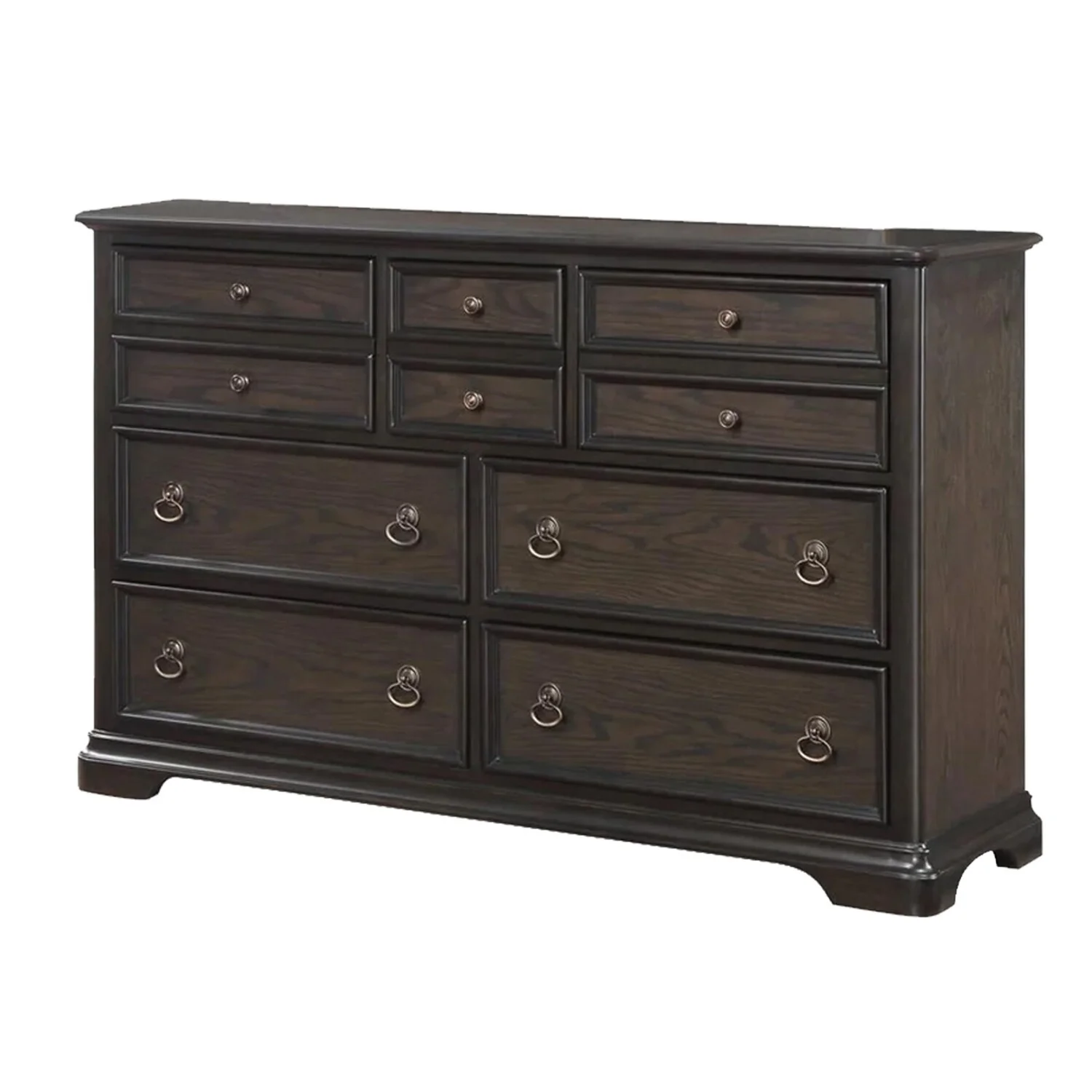 Benjara Dam 66 Inch Wide Dresser with Arched Mirror, 10 Drawers, Dark Brown Wood