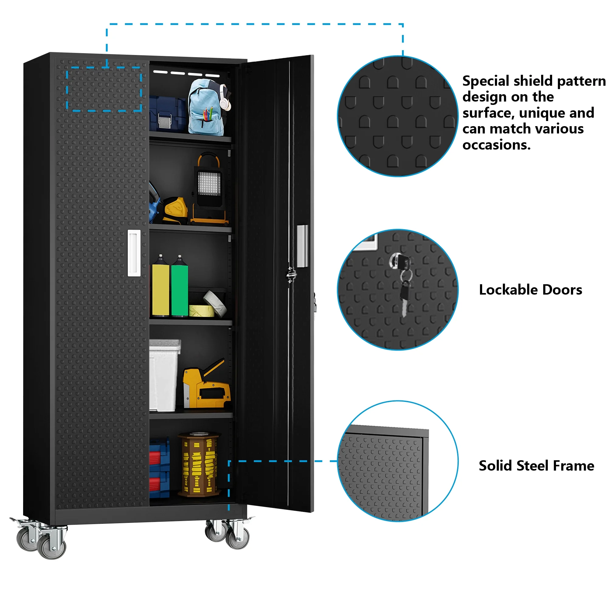 Topkey Metal Storage Garage Cabinet on Wheels with Locking Doors and 4 Adjustable Shelves - Heavy Duty Steel Storage Cabinet for Garage, Office, Classroom, Gym - Black with Pulleys