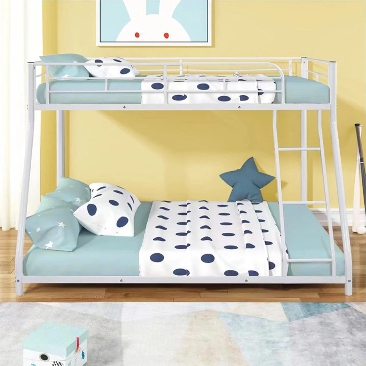 Bunk Bed Twin over Full, Sturdy Metal Bunk Beds, Heavy Duty Bunk Beds for Kids, Bed Frame with Flat Ladder, Metal Support Slat, Safety Guardrail, 78
