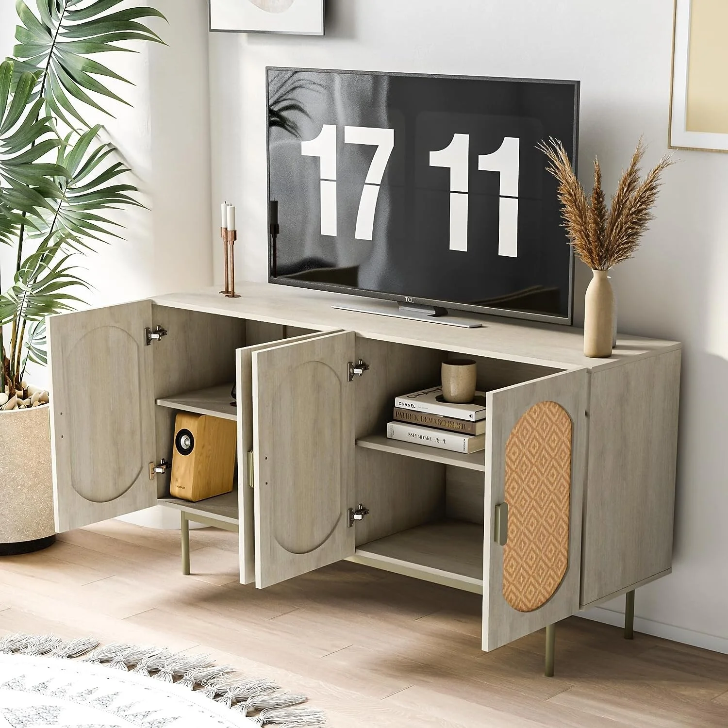 roomfitters Media Console Cabinet/TV Stand/Side Board, Modern Rattan TV Stand for TVs up to 65