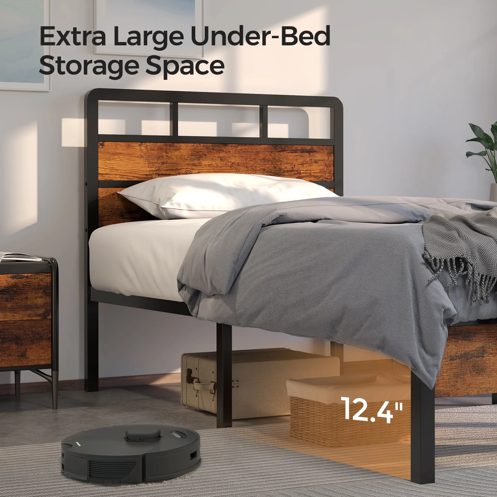 Twin Bed Frame with Headboard, Mattress Foundation Metal Platform with Large Under Bed Storage, Easy Assembly, Noise-Free, No Box Spring Needed, Vintage Brown