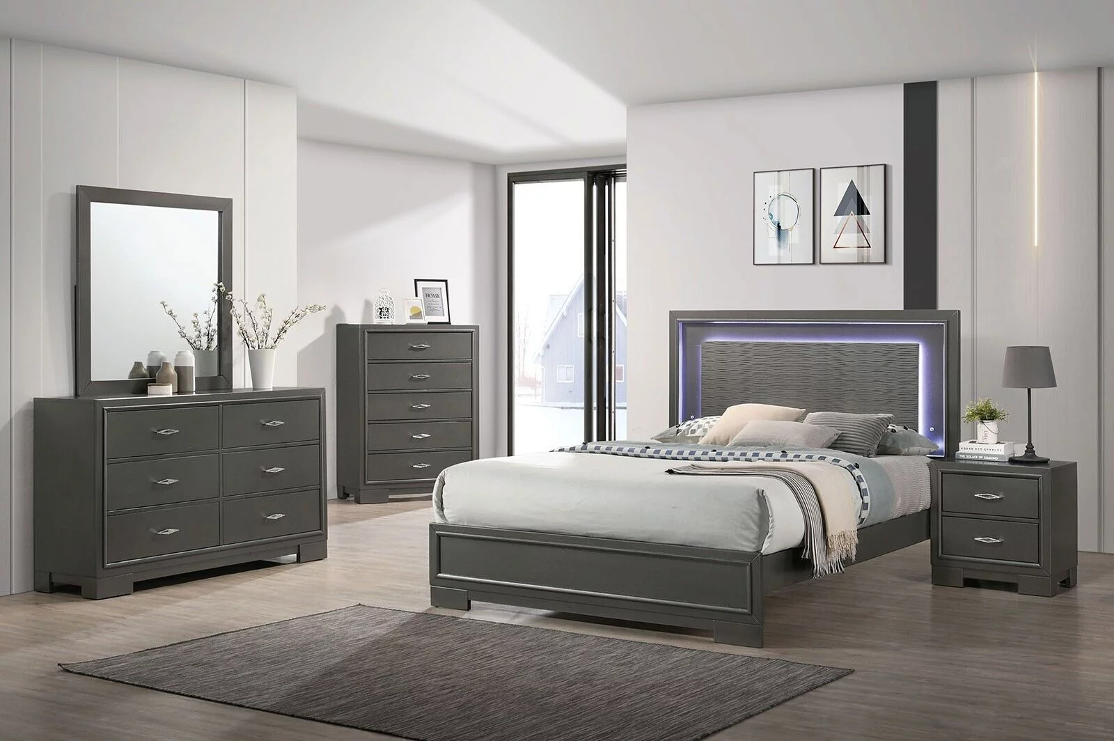 Contemporary Metallic Gray Bedroom 4pc Set Full Size Bed Dresser Mirror Nightstand Solid wood Furniture