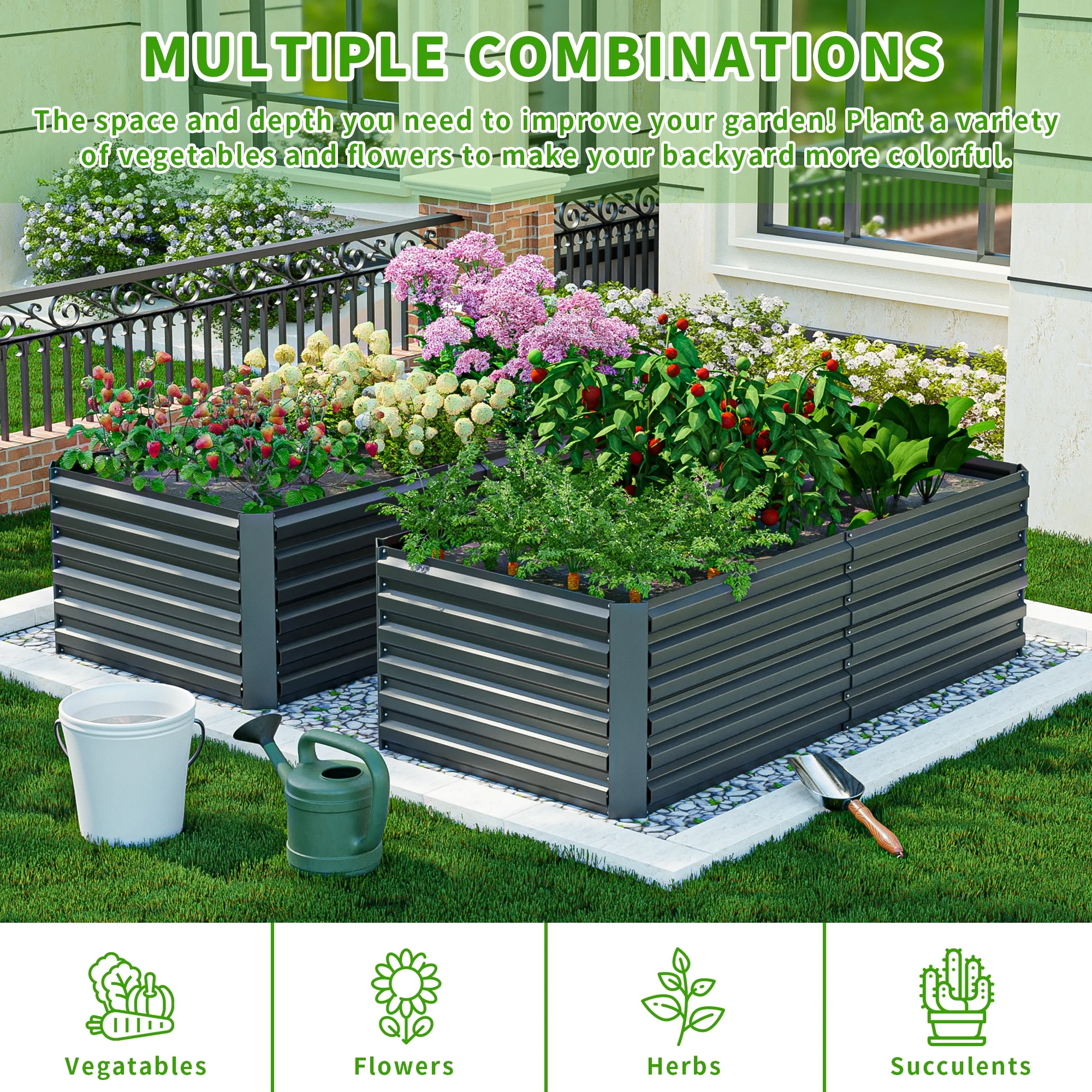 Outdoor Metal Raised Garden Bed,8x4x2ft Planter Box for Vegetables,Flowers,Herbs w/478 Gallon Capacity,Black