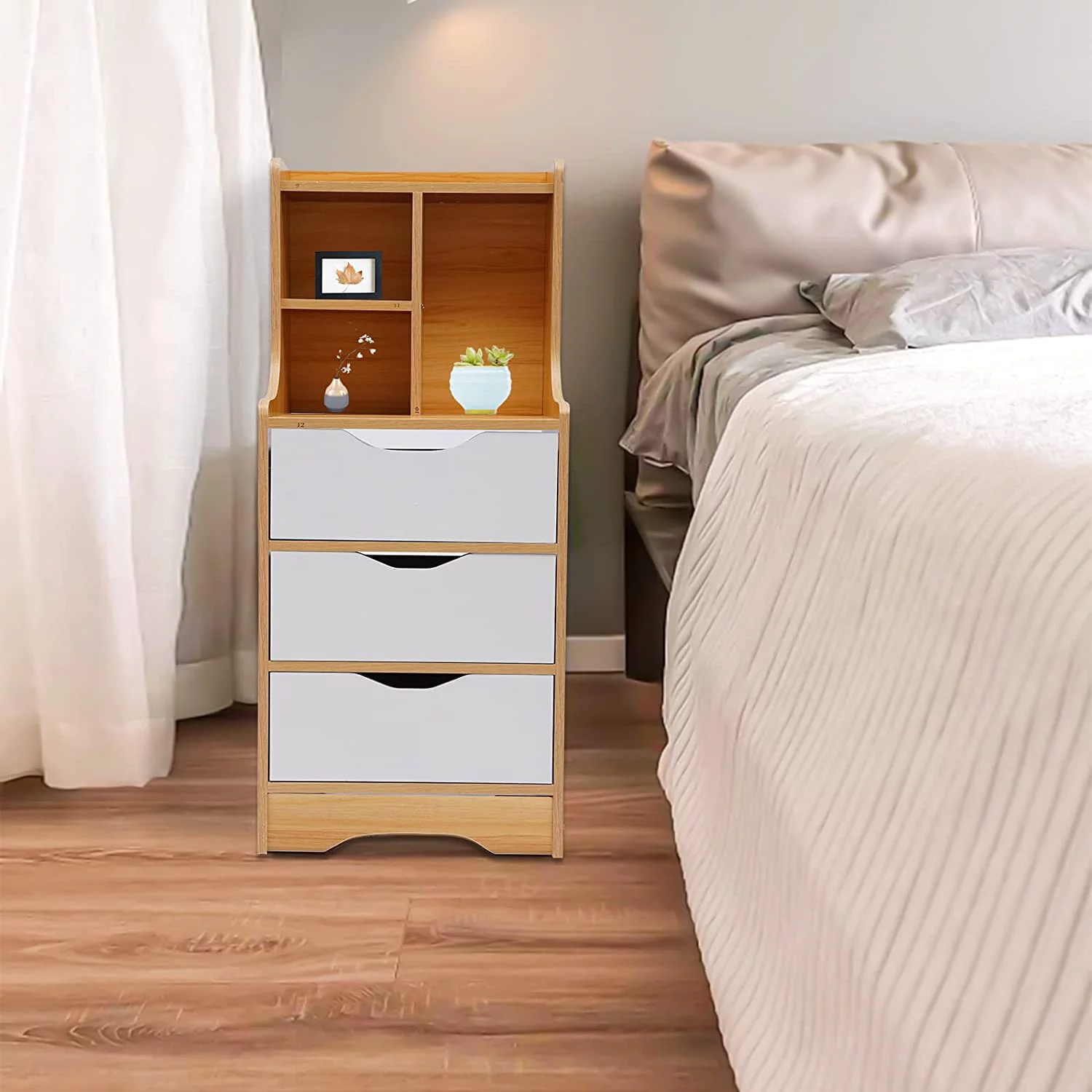 FETCOI Modern 3 Drawers Nightstand Dresser for Bedroom, Bedside Table with Open Shelves Small Vanity Side End Table for Bedroom Study Room Living Room