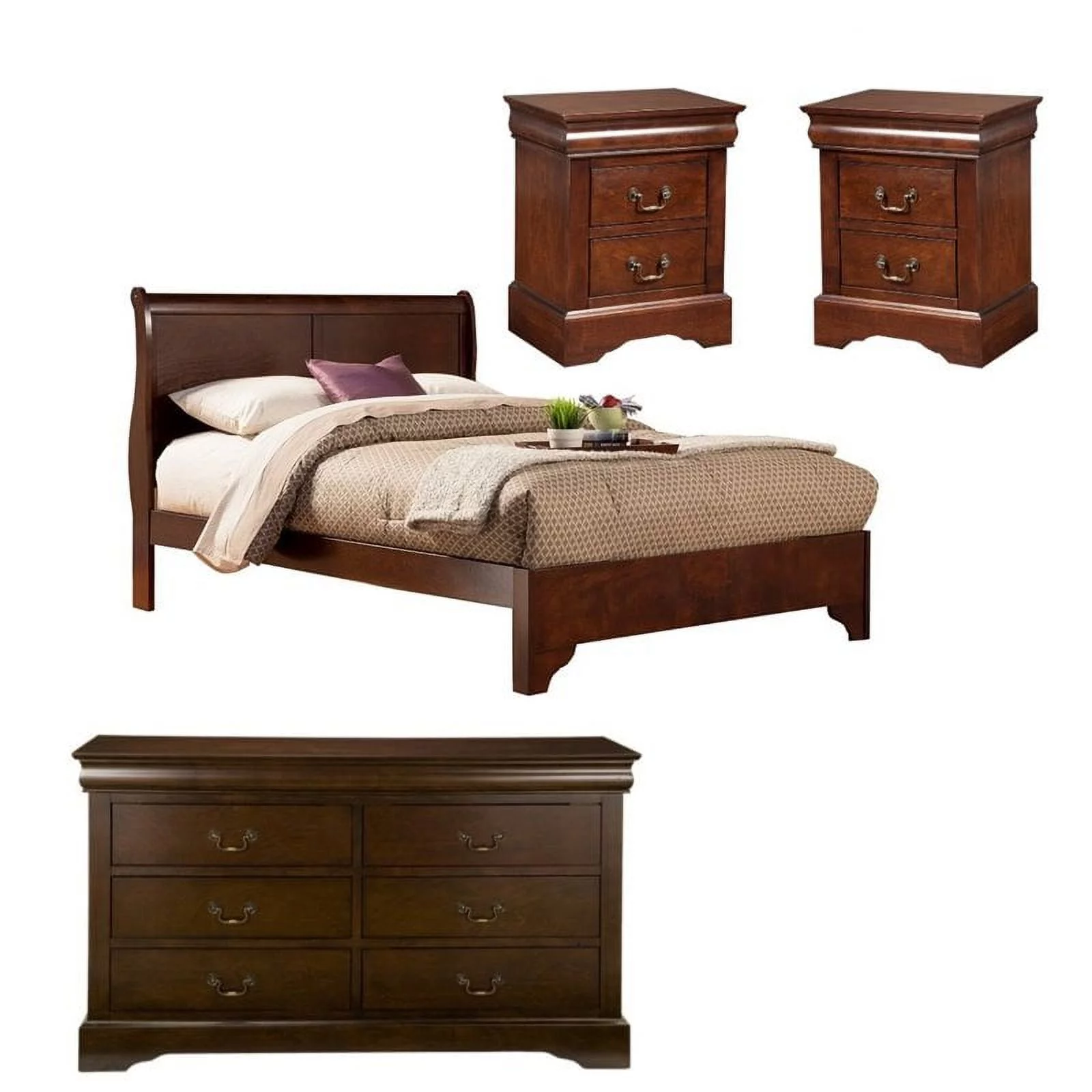 Home Square 4 Piece Set with 2 Nightstands Full Wood Sleigh Bed & Dresser