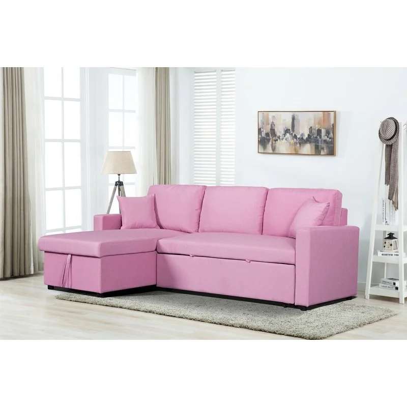 Paisley Linen Fabric Reversible Sleeper Sectional Sofa with Storage Chaise Pink