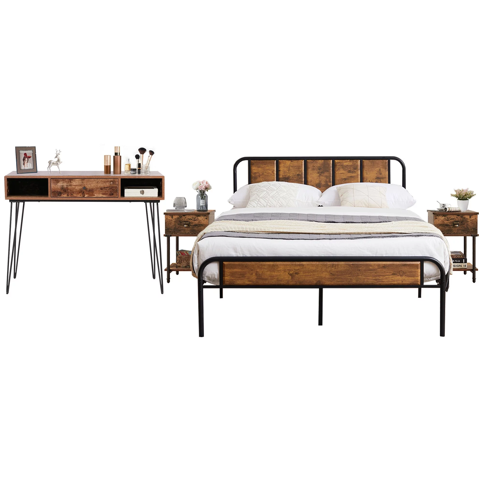 VECELO 4-Piece Bedroom Set Full Bed Frame Nightstands And Desk Set (Set of 4)