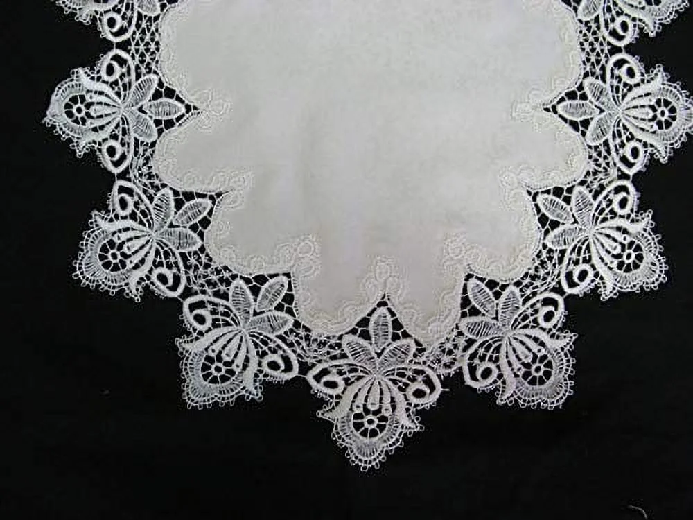 Doily Boutique Table Runner or Dresser Scarf in Antique White Vintage Lace and Fabric Size 72 x 15 inches