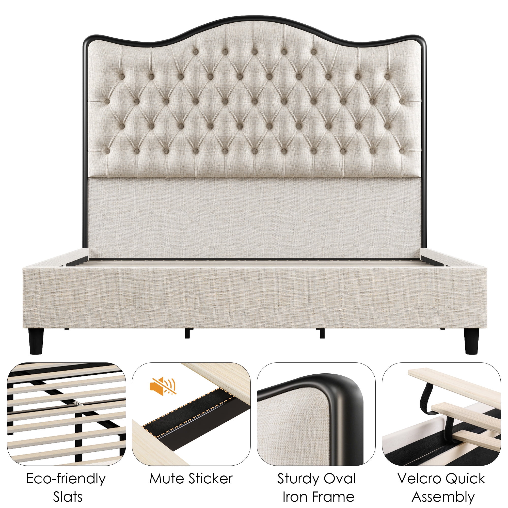 Homfa King Size 54.5'' H Linen Upholstered Bed Frame, Modern Platform Bed with Deep Button Tufted Headboard, Beige/Black