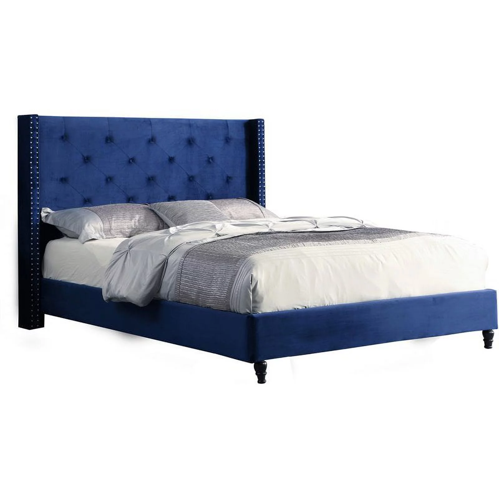Maklaine Transitional Upholstered Velvet Wingback Platform King Bed in Blue