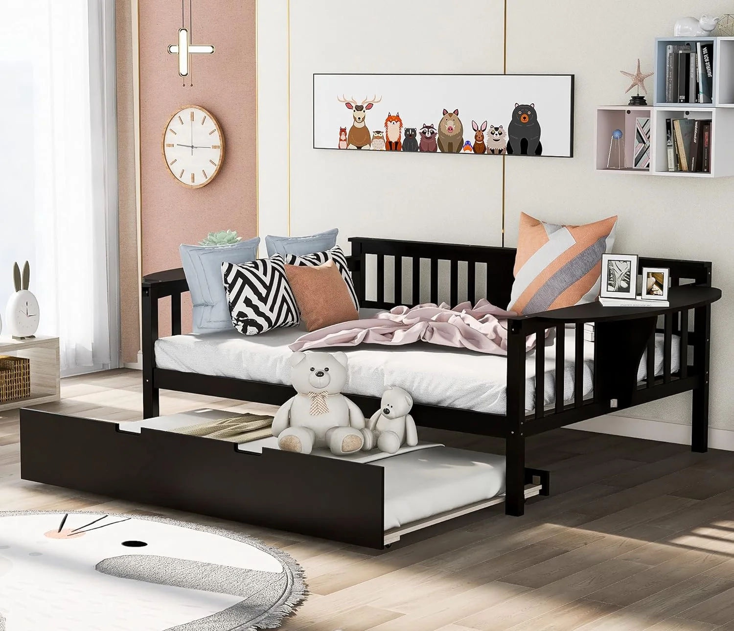 Wooden Daybed Wih rundle, Sofa rundle Bed For Bedroom Living Room, Full Size rundle Daybed, Pull Ou Daybed, Espresso