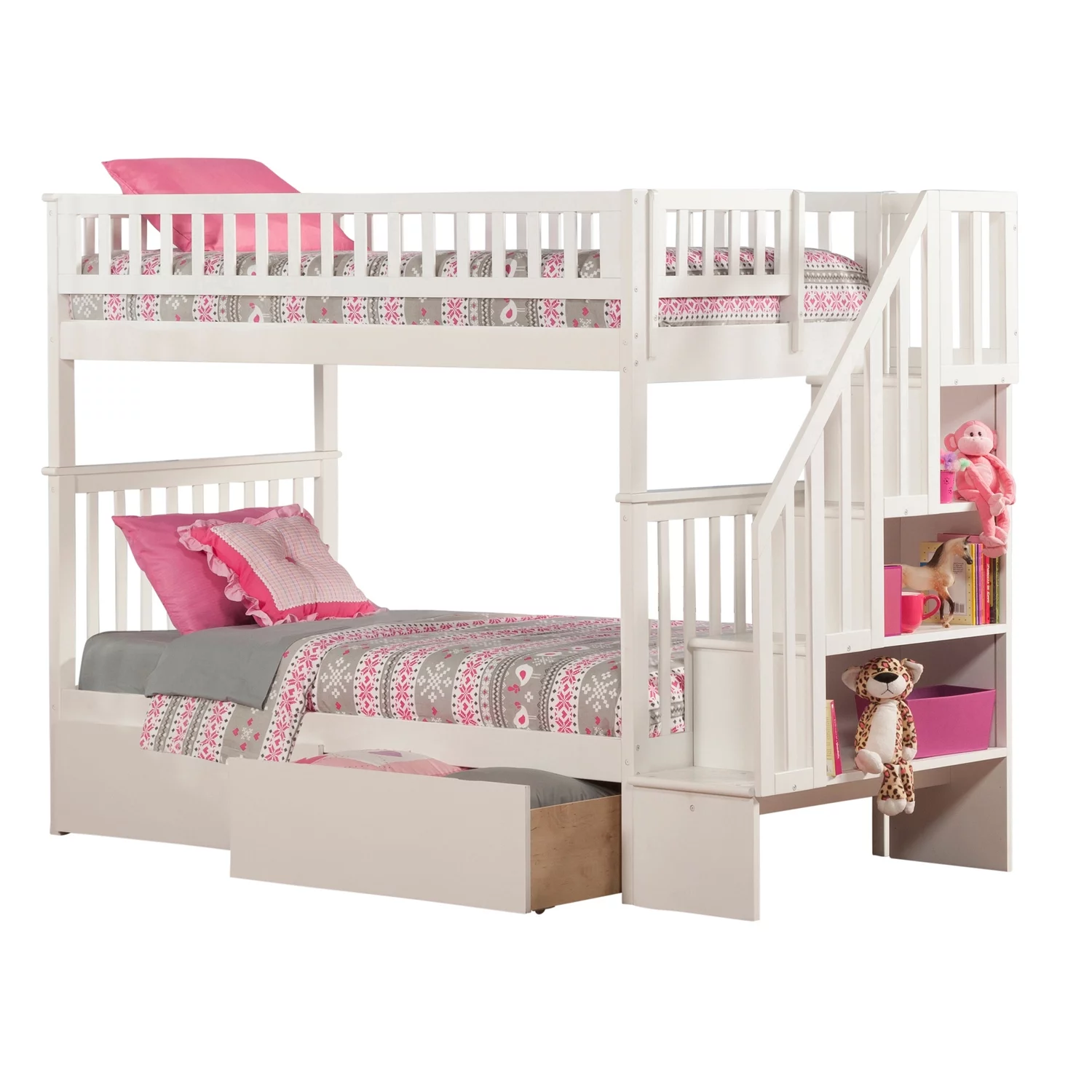 AFI Woodland Staircase Bunk with Turbo Charger and Urban Bed Drawers-Color:White,Size:Twin over Twin