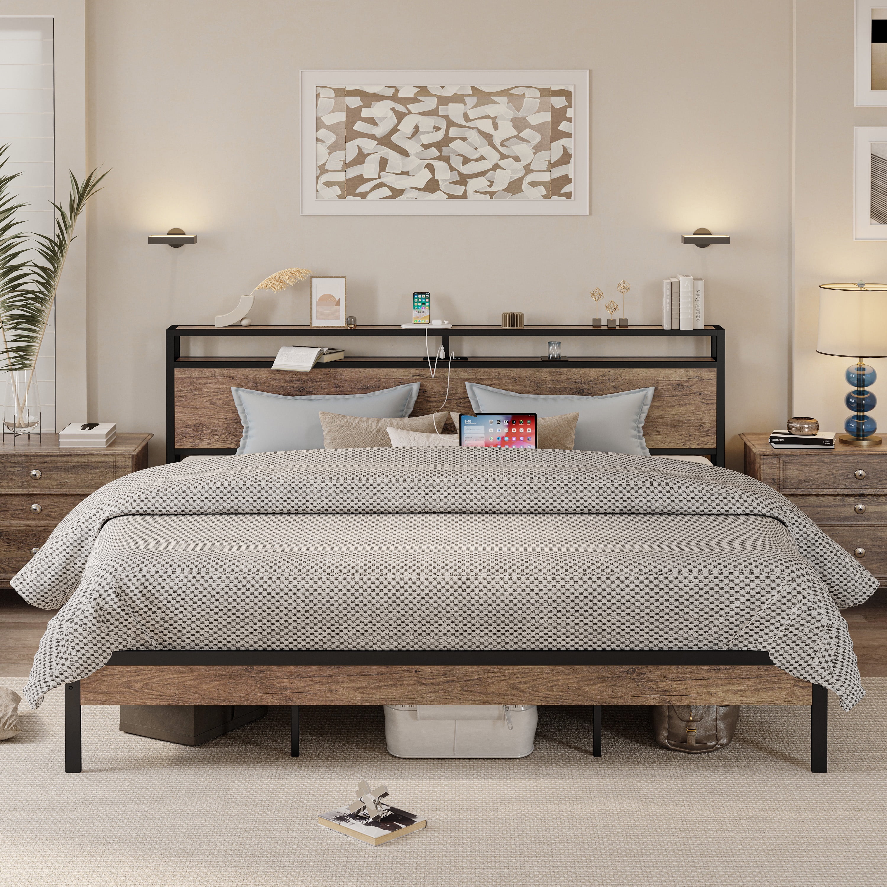 IRONCK King Platform Bed Frame with Storage Headboard and Charging Station, No Box Spring Needed
