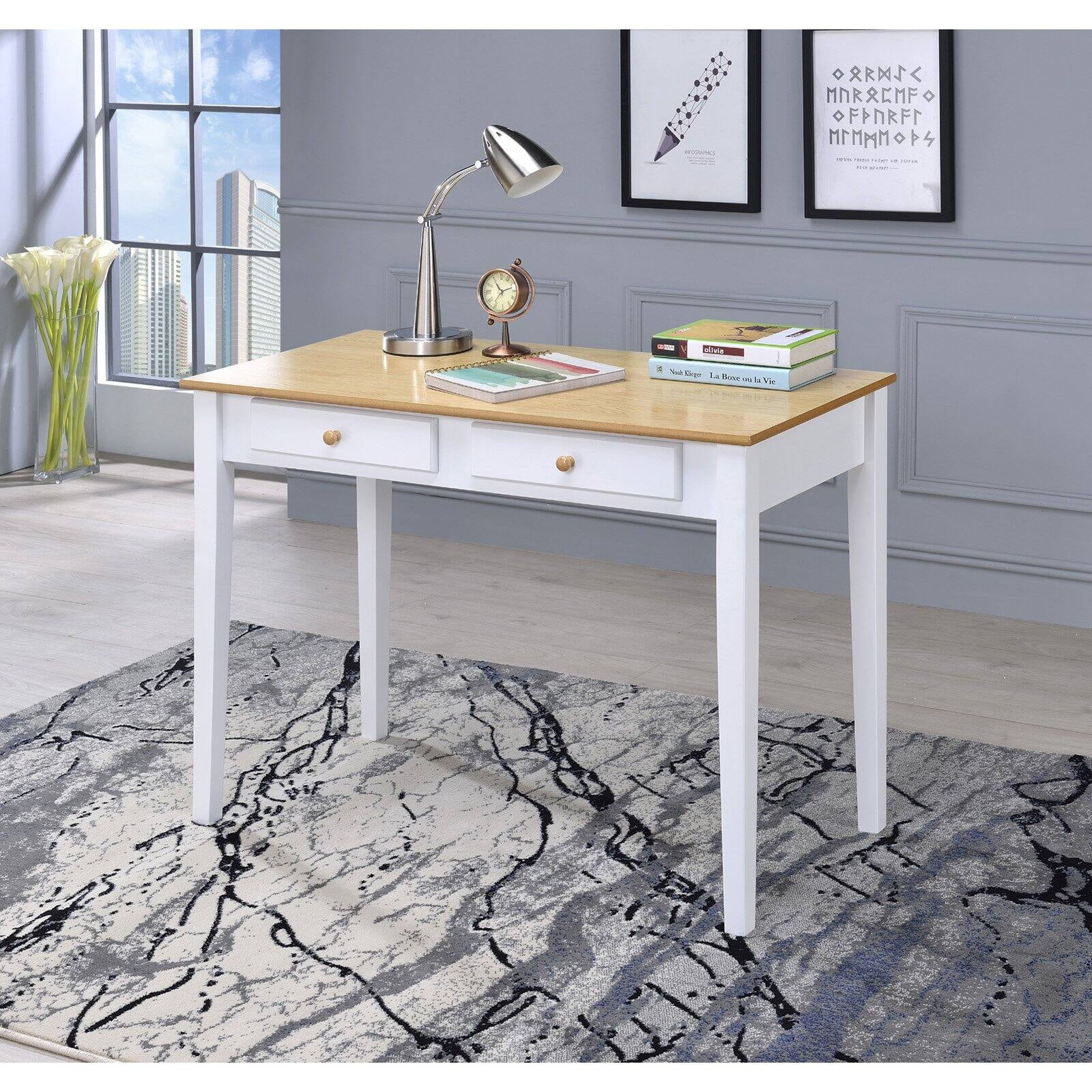 Ore Furniture  30 in. Oak Top Cottage White Desk with 2 Drawers