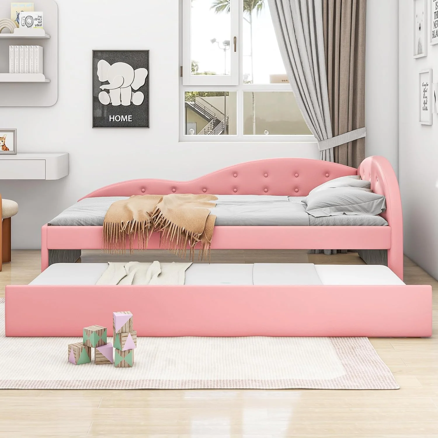 Size Daybed With Trudle,Faux Leather Upholstered Platform Bed Frame, Sofa Bed With Cloud Shaped Guardrail, Trudle Bed For Bedroom Livig Room, , HZG-GX001322AAH