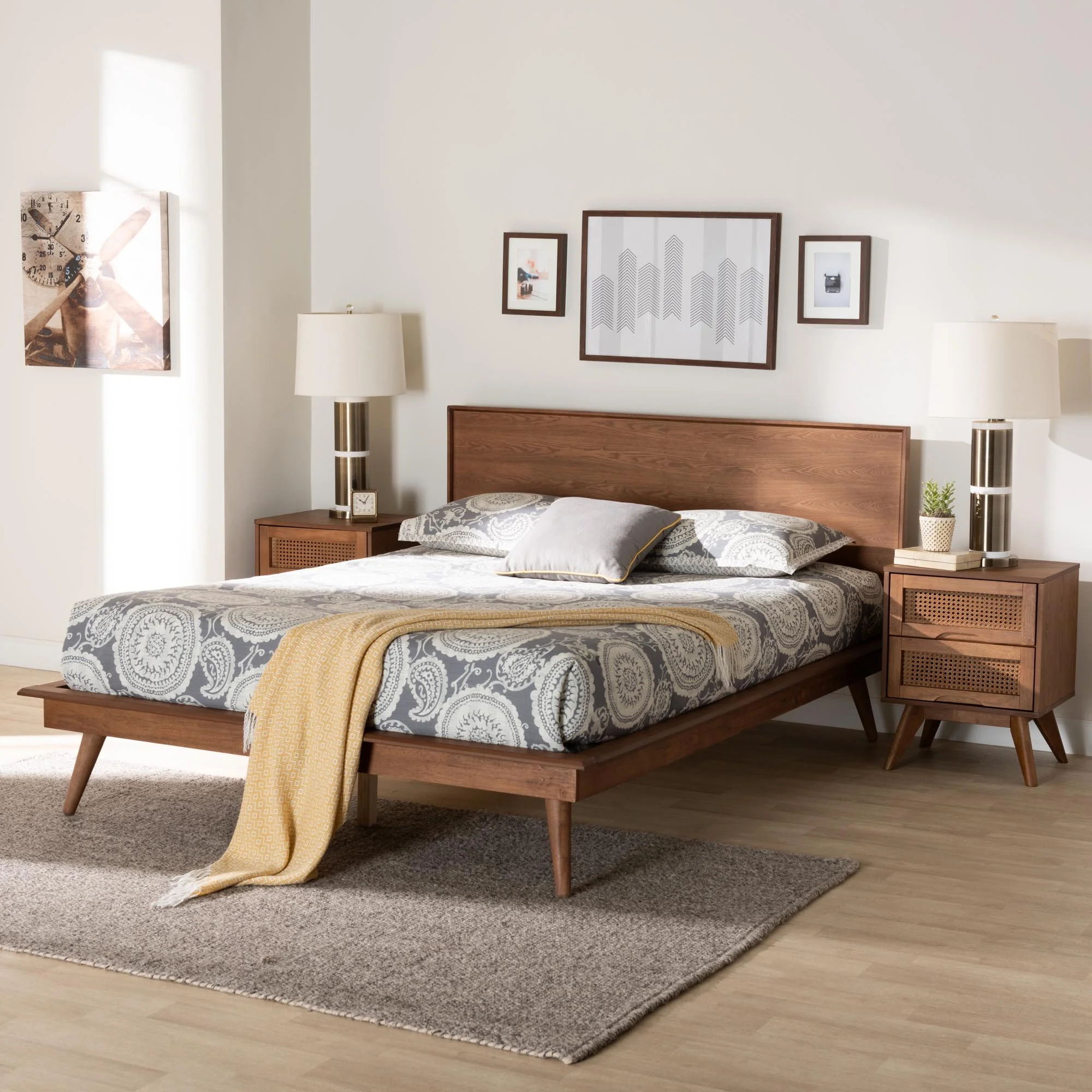 Baxton Studio Melora Mid-Century Modern Walnut Brown Finished Wood and Rattan Full Size 3-Piece Bedroom Set