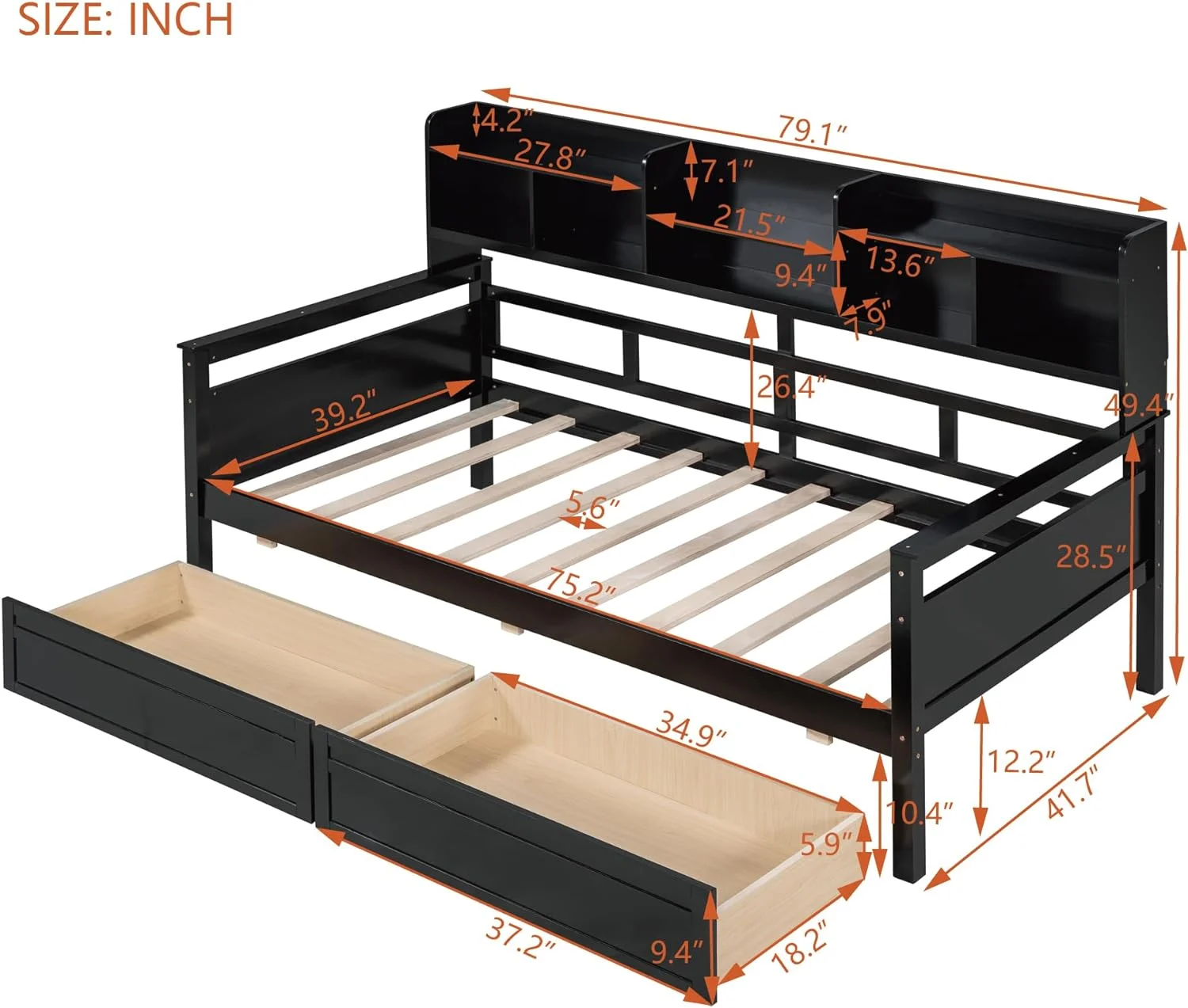 Size Daybed Wih Bookcase Ad Drawers, Wood Daybed Wih Sorage Headboard, Daybed Frame Wih Slas Suppor For Kids ees Aduls, Espresso