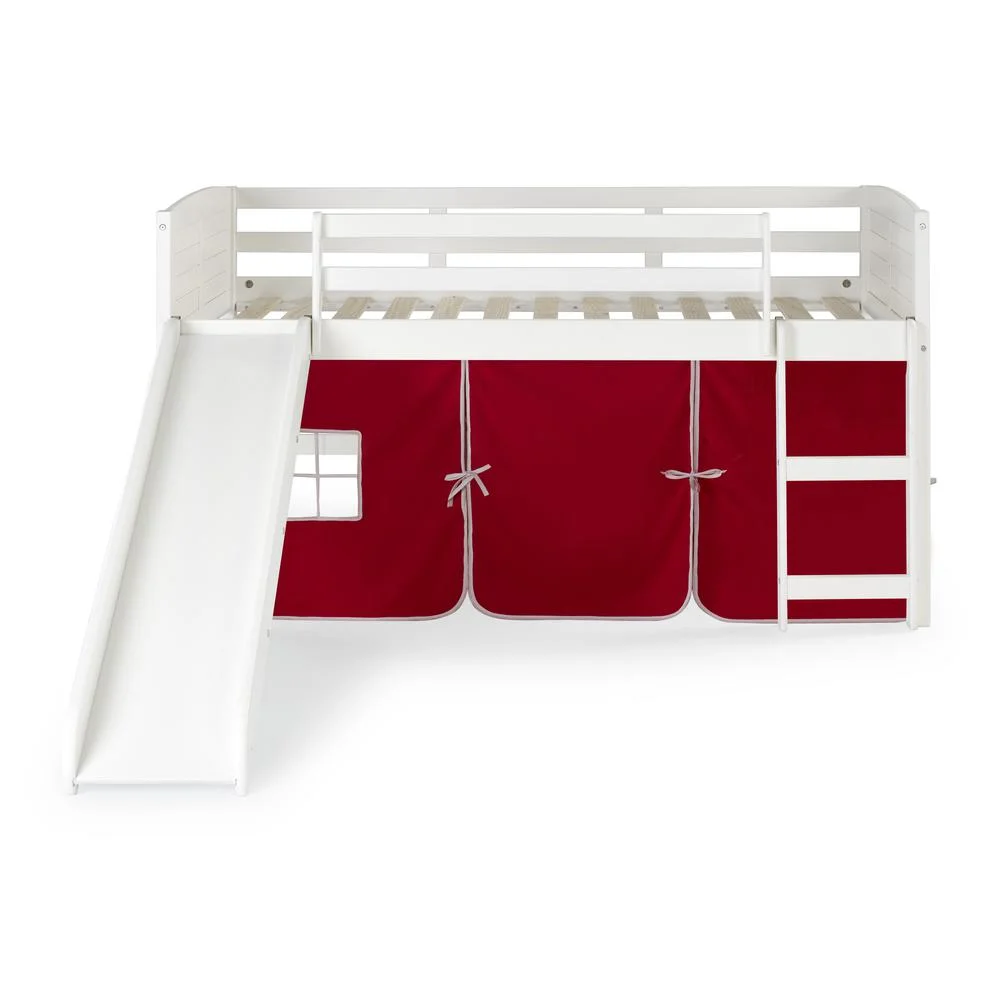 Donco PD-790ATW-R-785W Twin Size Louver Low Loft with Slide & Red Tent in White