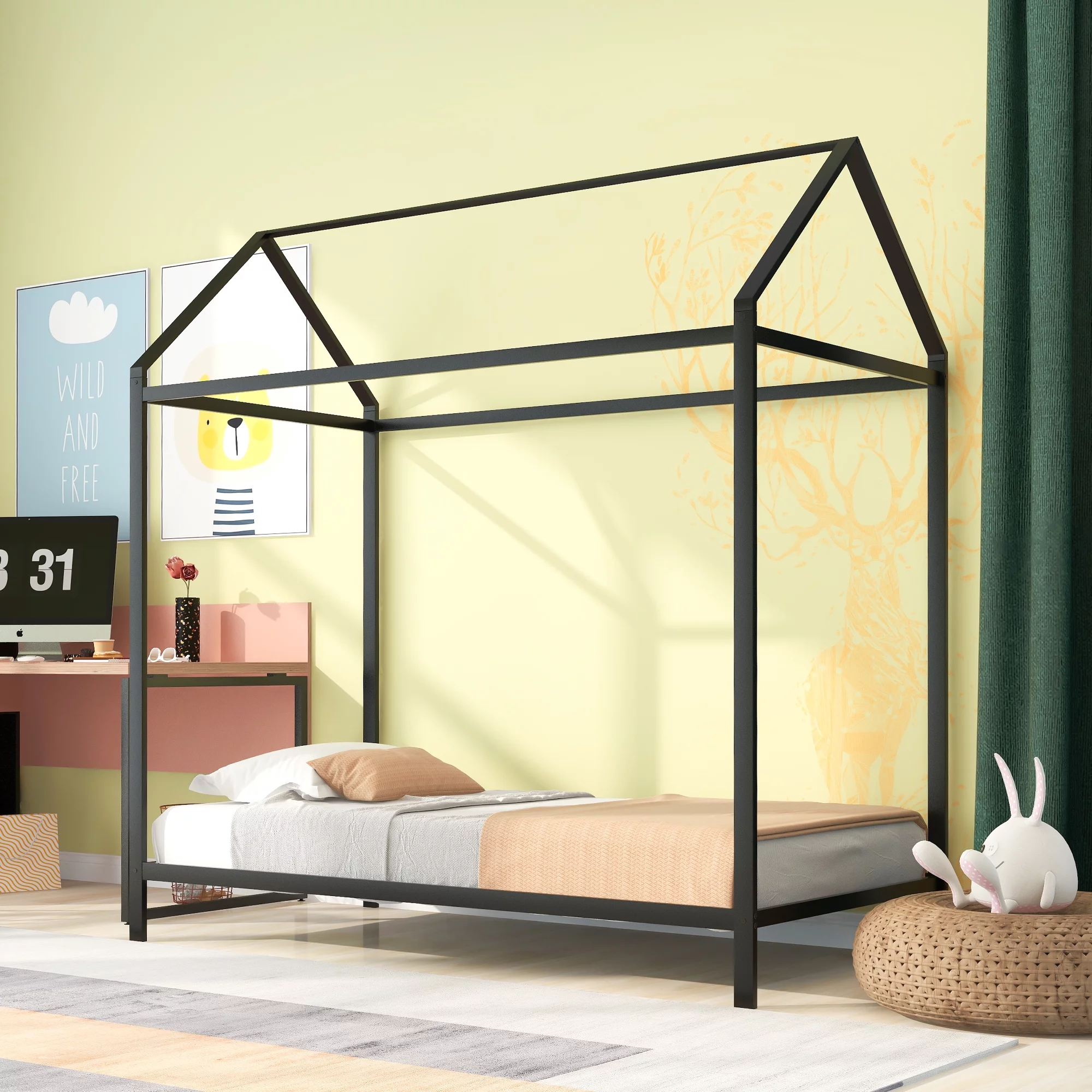 Anself House Bed Frame Twin Size , Kids Bed Frame Metal Platform Bed Floor Bed for Kids Boys Girls No Box Spring Needed Black